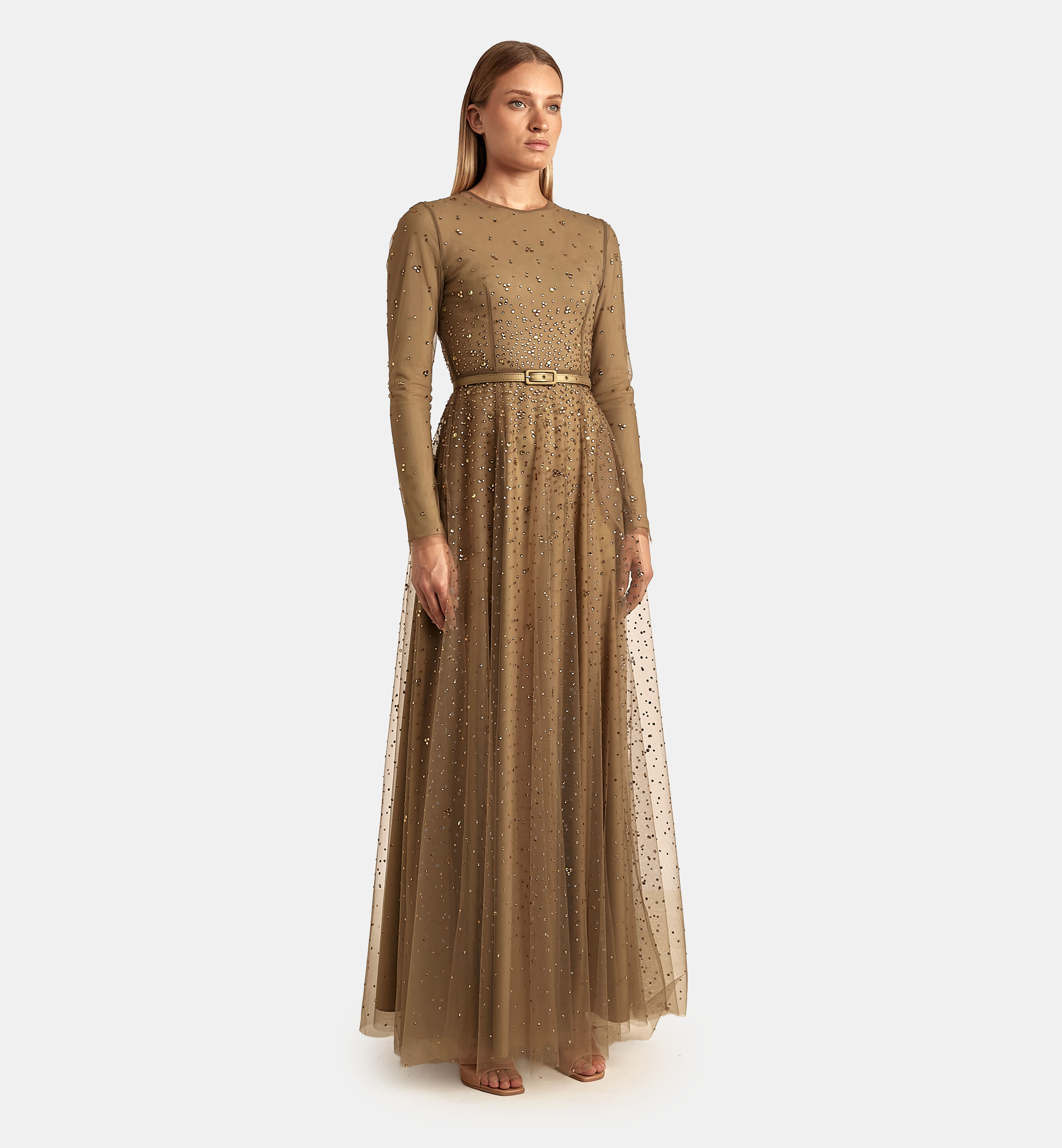 Degradé Tulle Dress with Crystals maxi, Olive