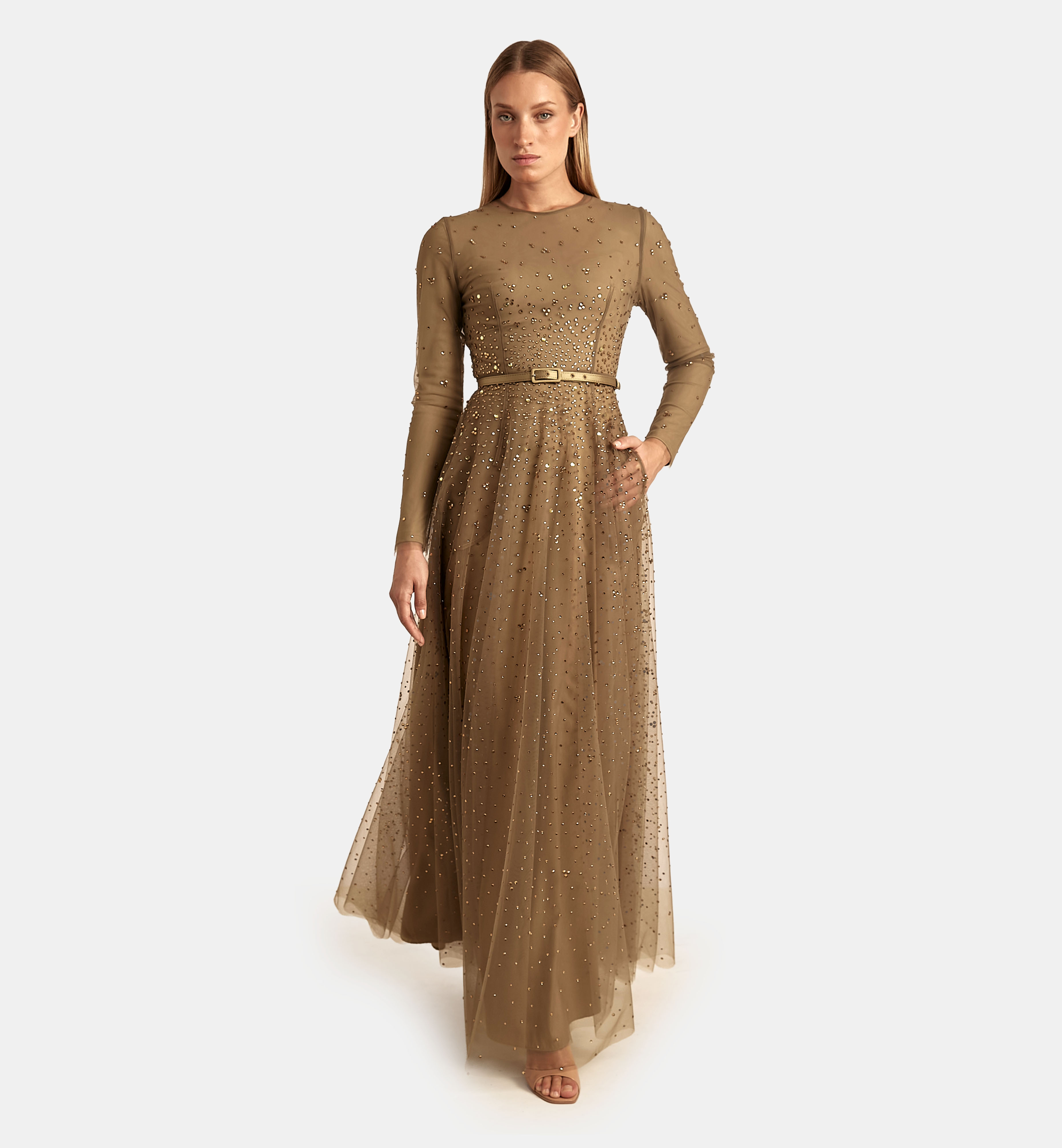 Degradé Tulle Dress with Crystals maxi, Olive