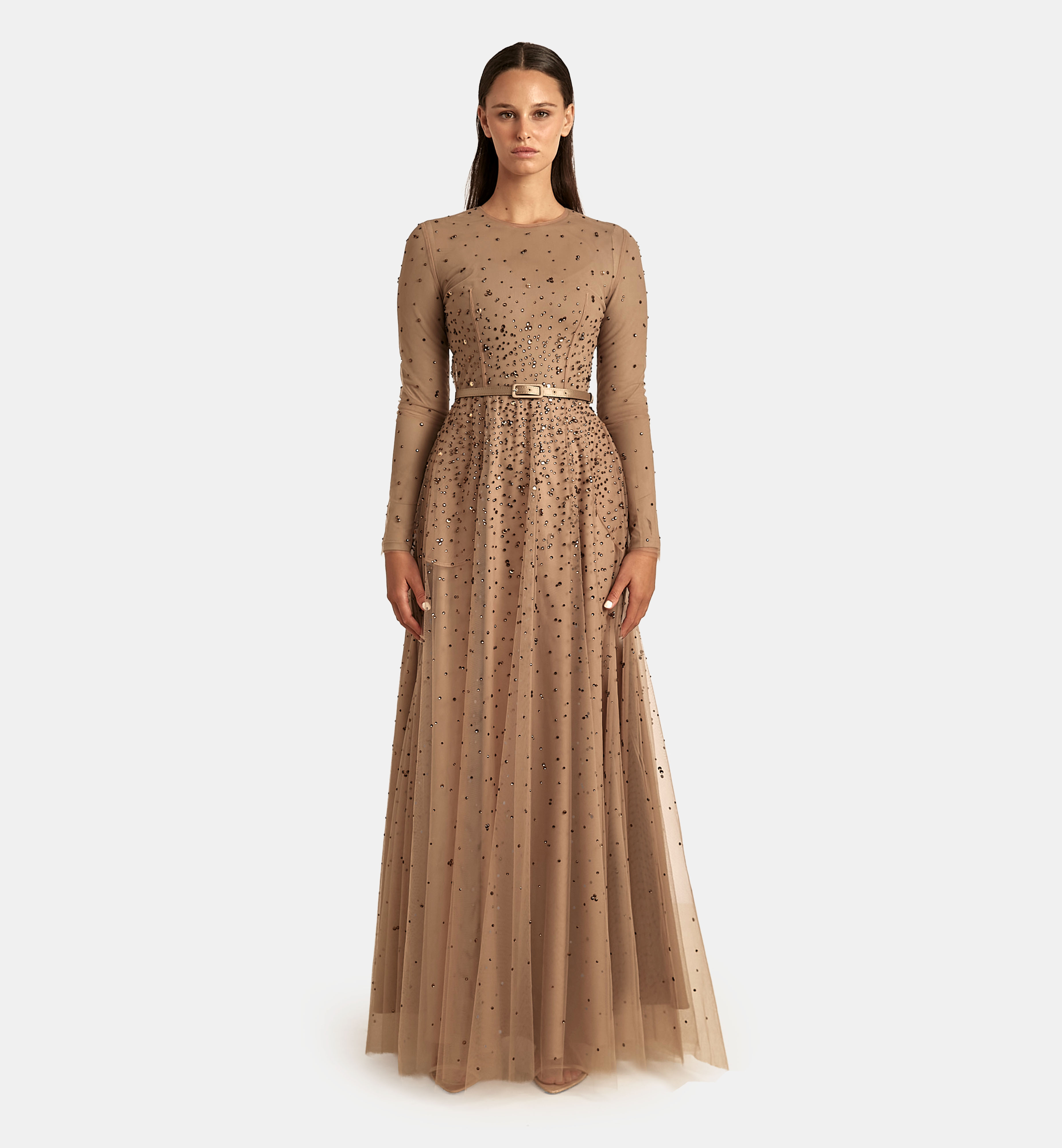 Degradé Tulle Dress with Crystals maxi, Brown