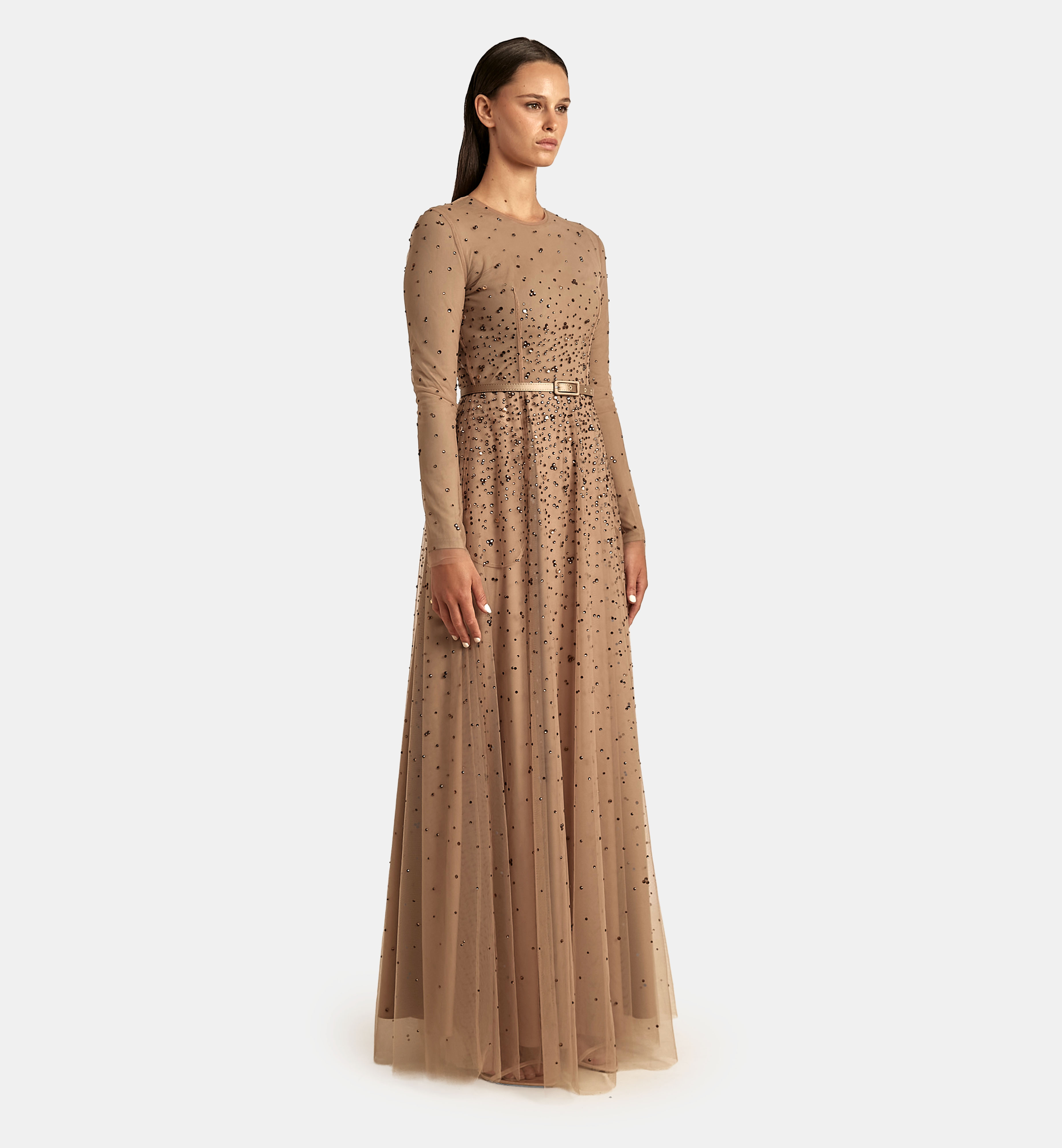 Degradé Tulle Dress with Crystals maxi, Brown