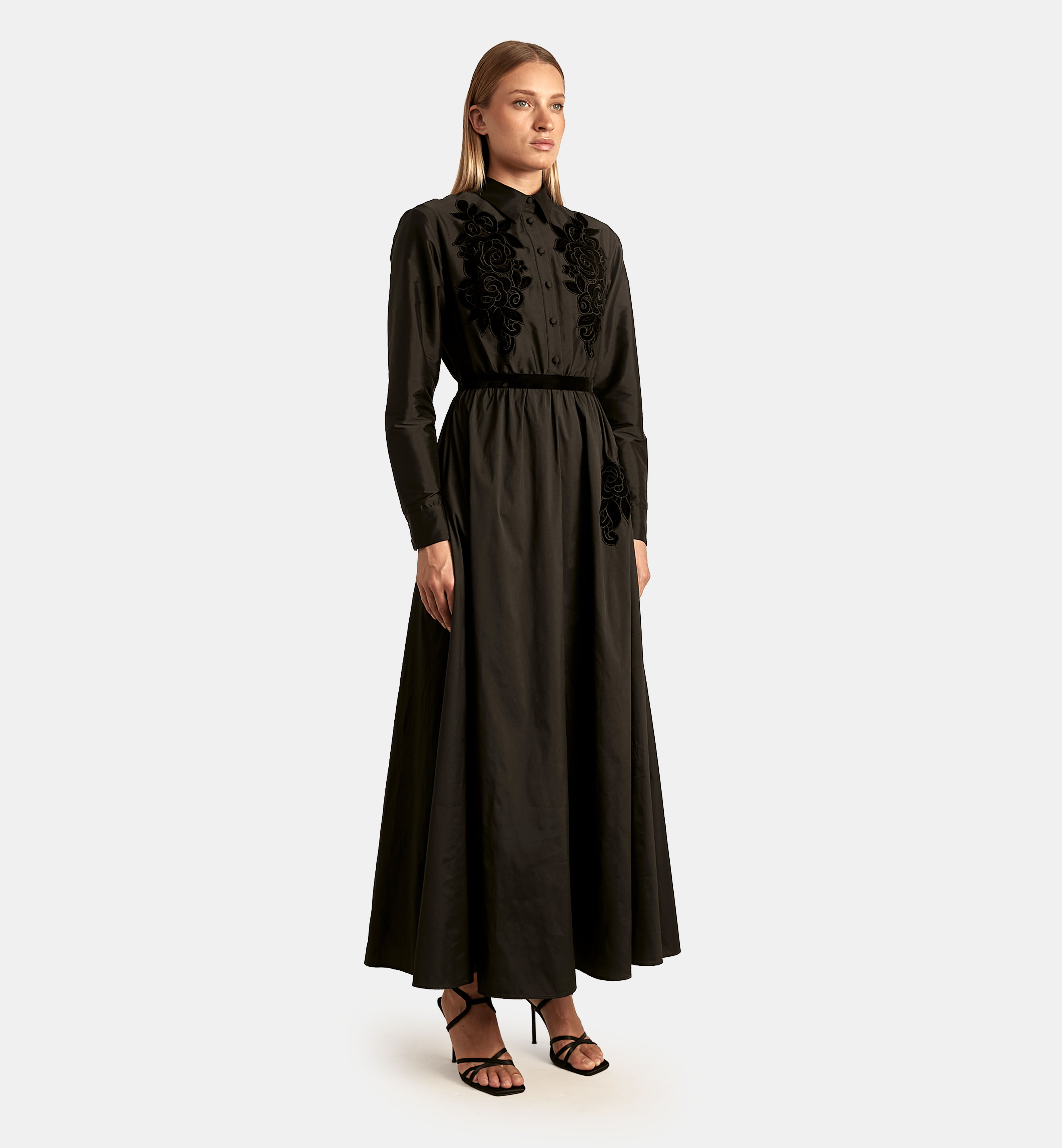 Buttoned Taffeta Dress with Velvet Flowers midi, Black