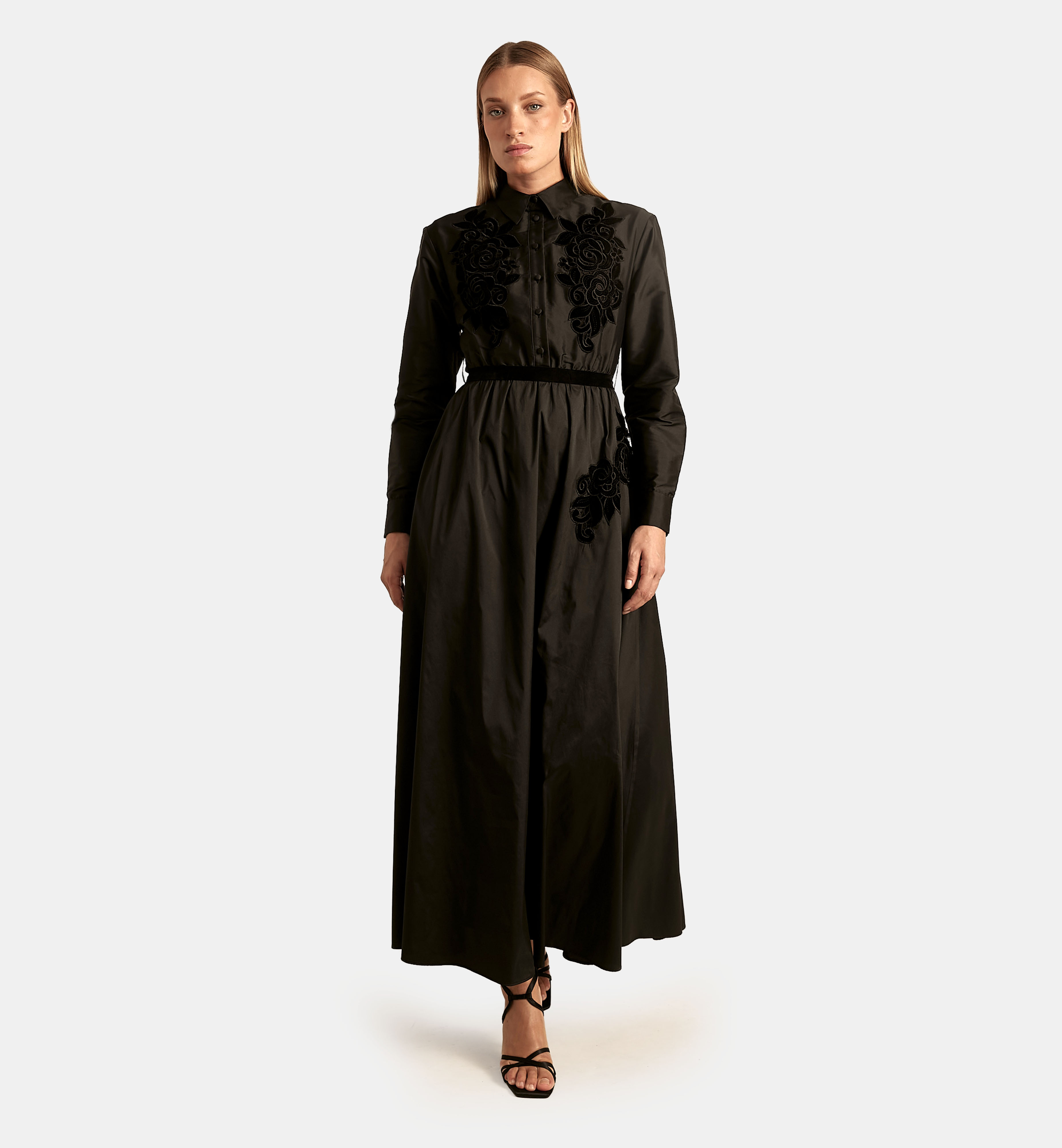 Buttoned Taffeta Dress with Velvet Flowers midi, Black