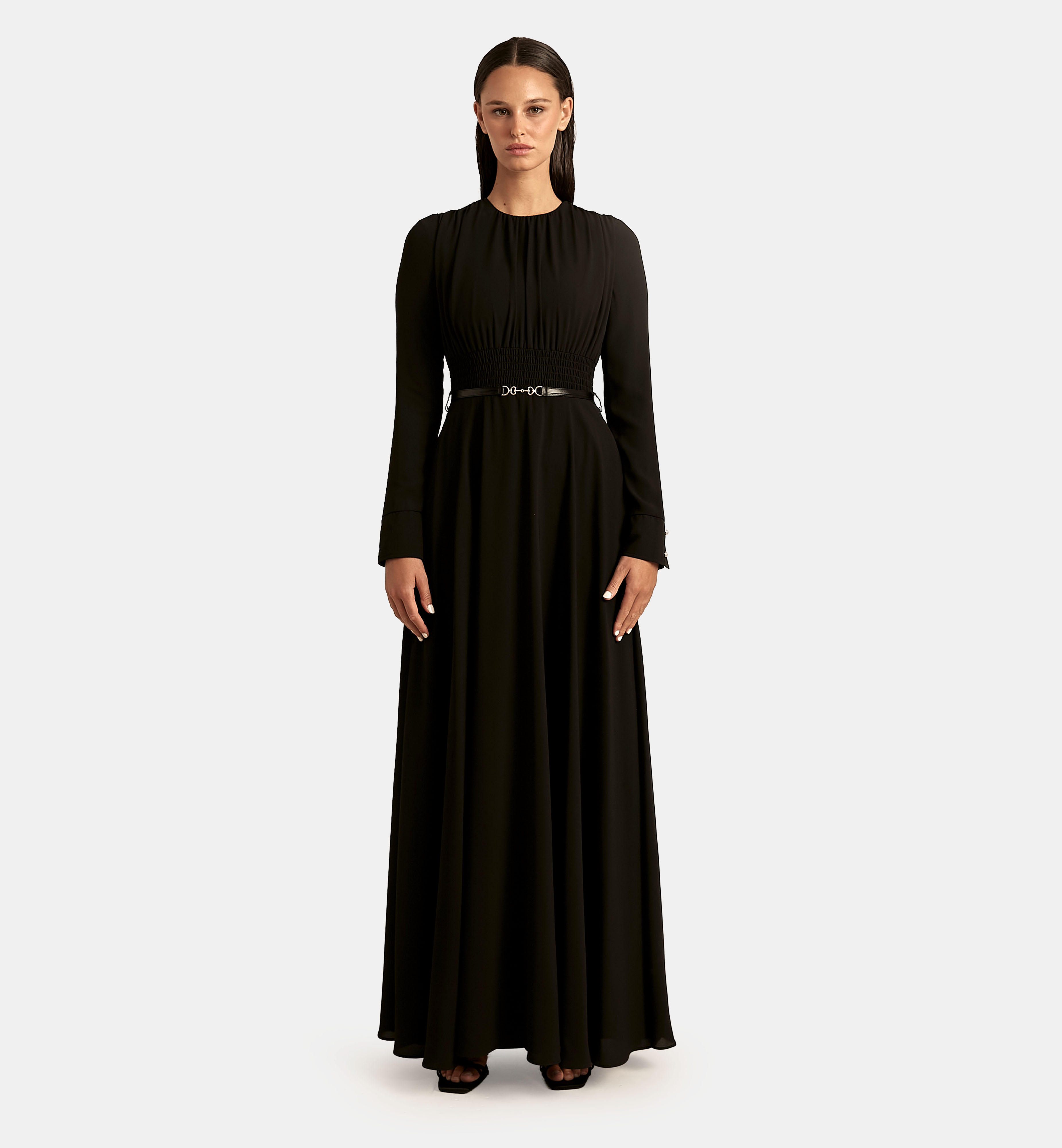 Chiffon Dress with Built-in Smocked Elastic Belt maxi, Black