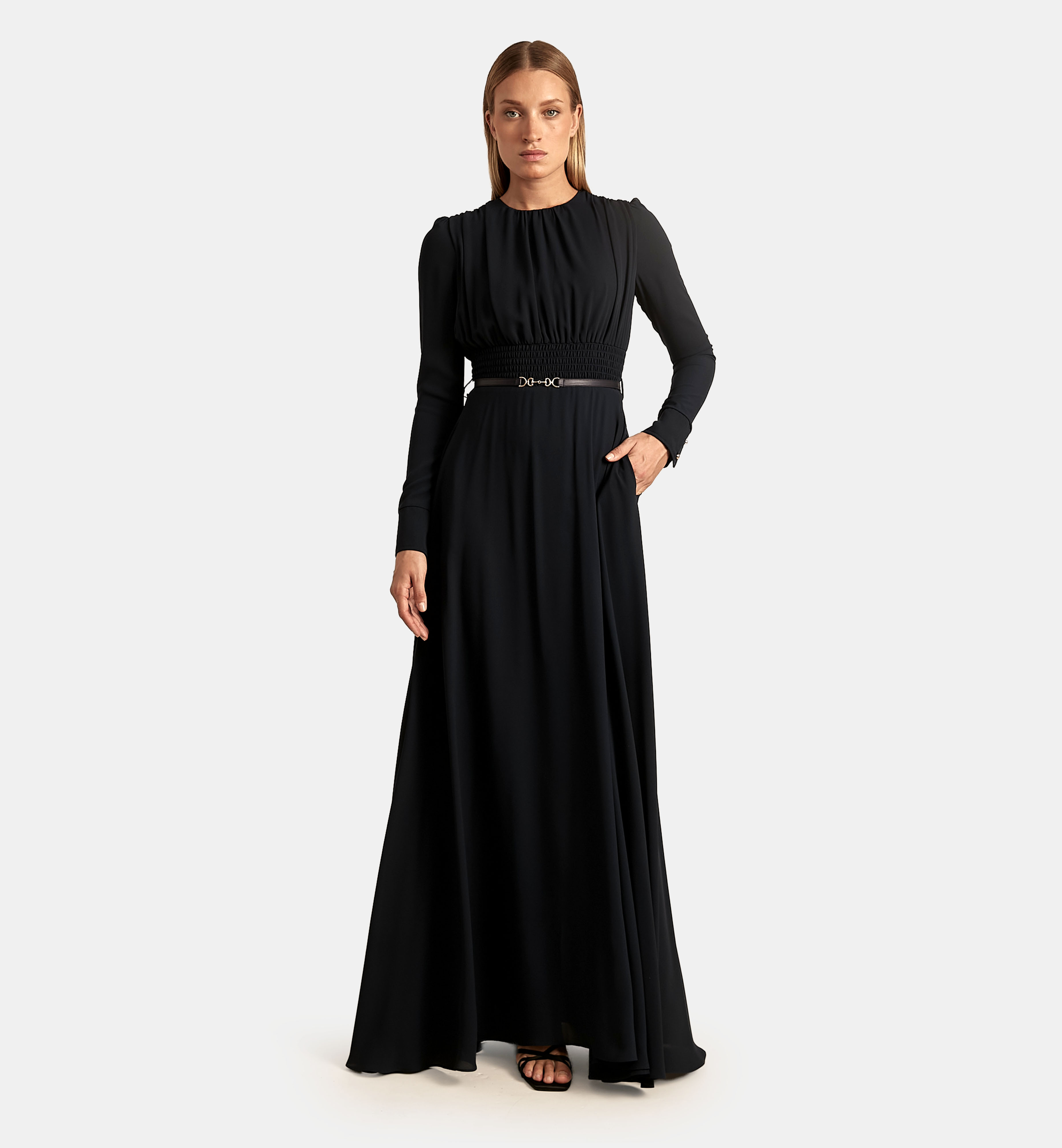 Chiffon Dress with Built-in Smocked Elastic Belt maxi, Blue