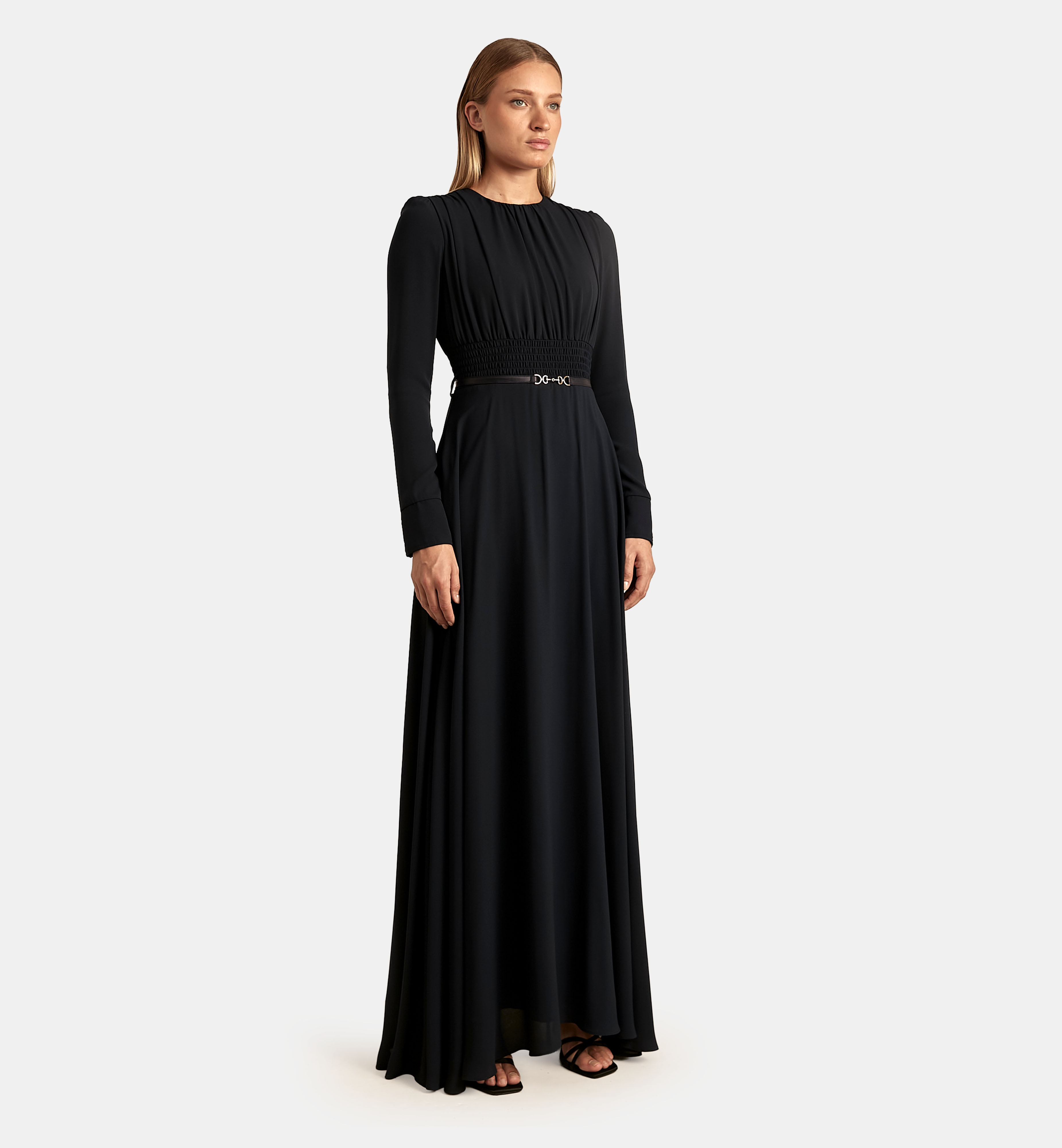 Chiffon Dress with Built-in Smocked Elastic Belt maxi, Blue