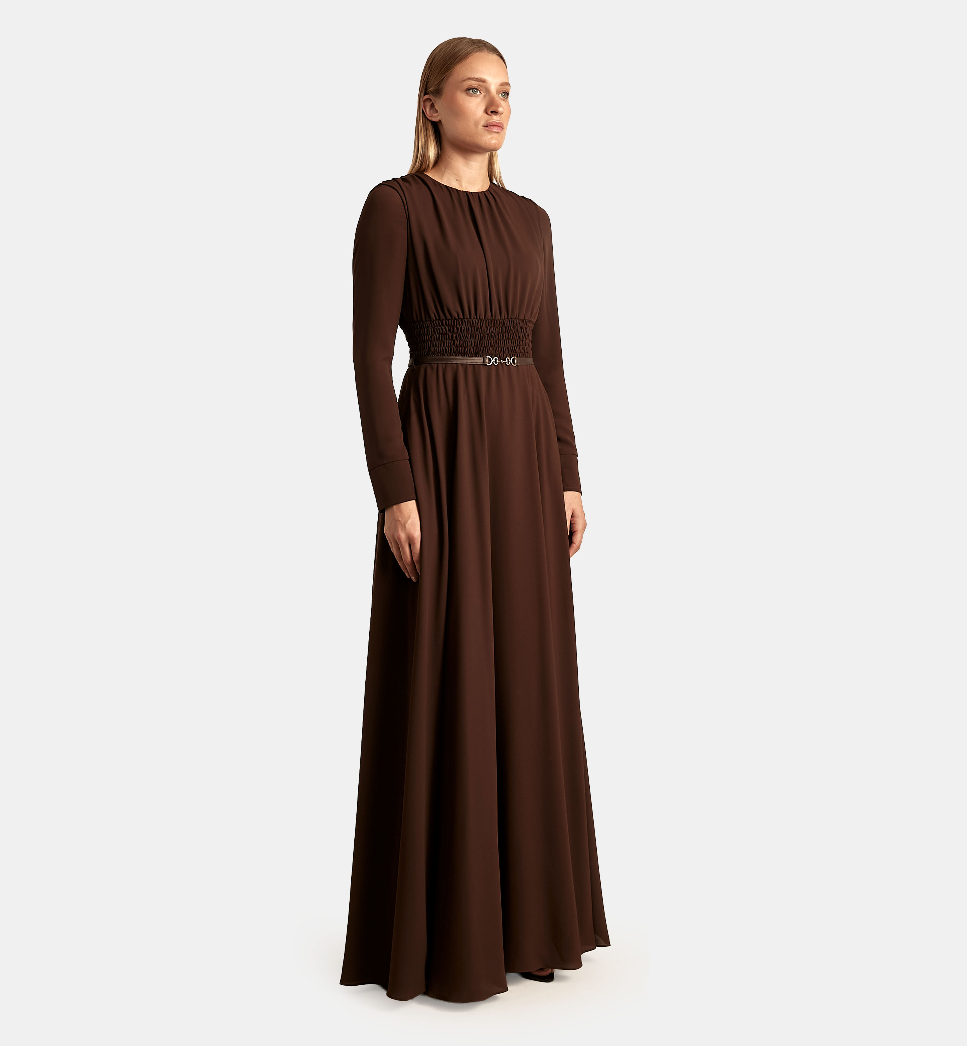 Chiffon Dress with Built-in Smocked Elastic Belt maxi, Brown