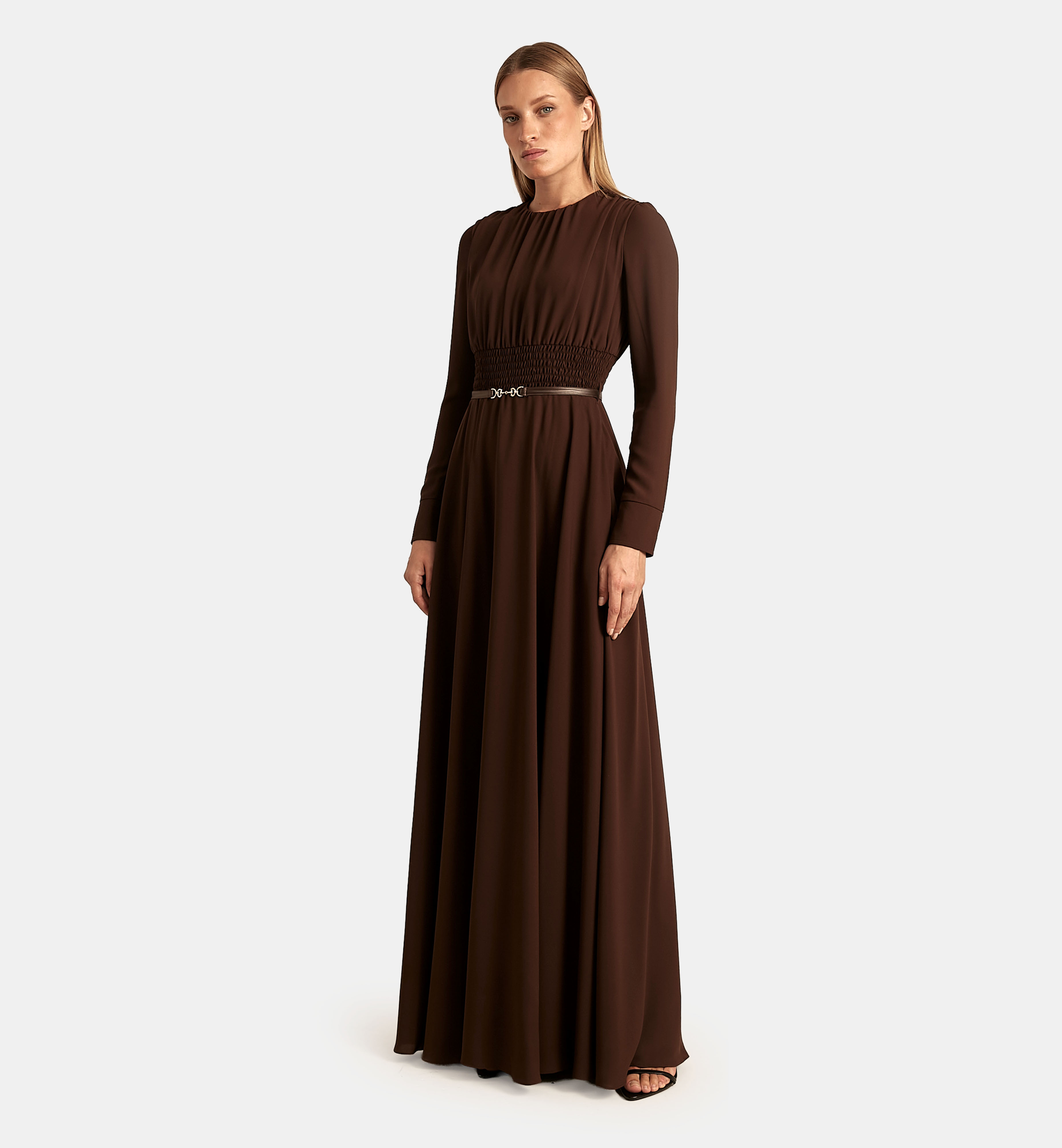 Chiffon Dress with Built-in Smocked Elastic Belt maxi, Brown