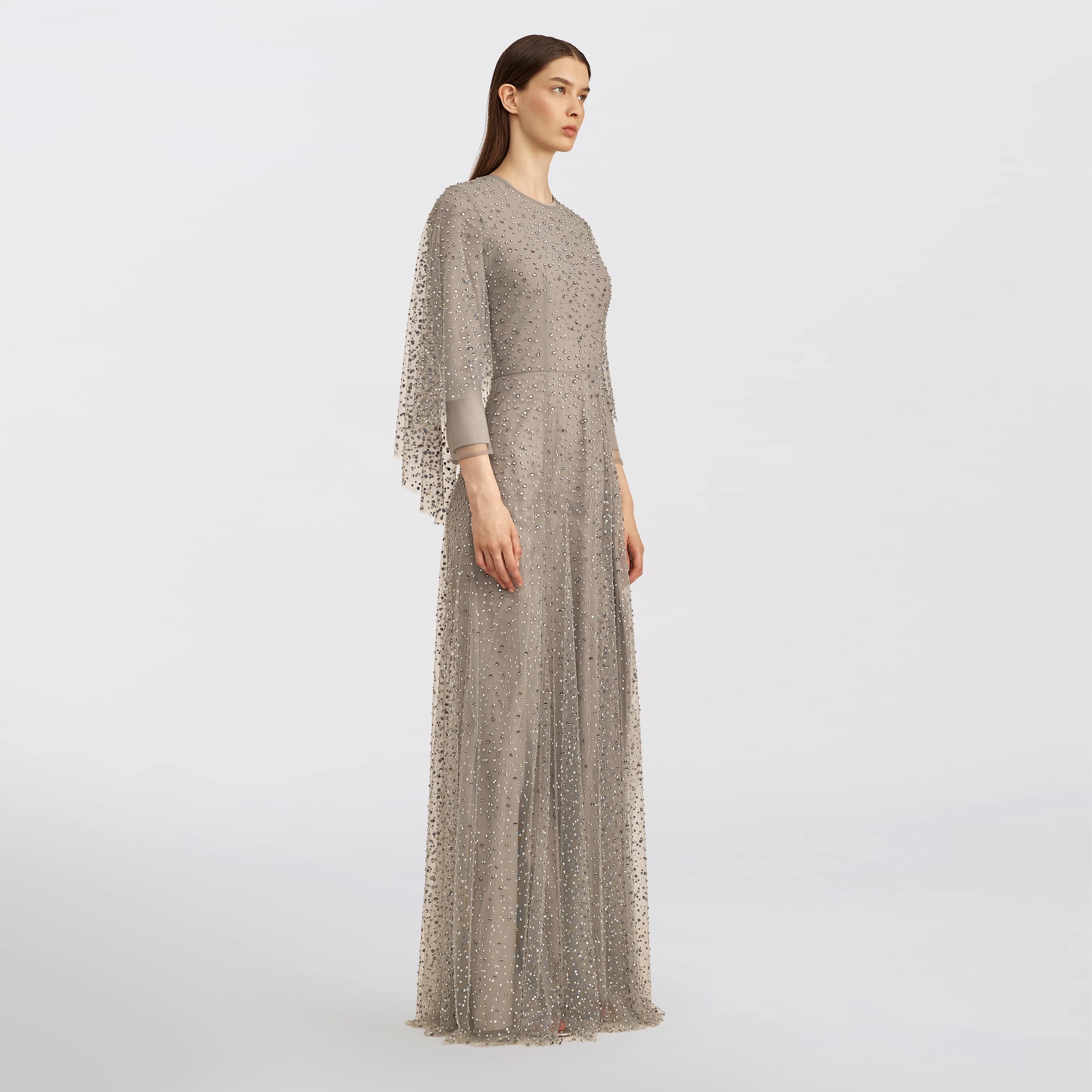 Tulle with Stones Cape Dress Maxi, Silver