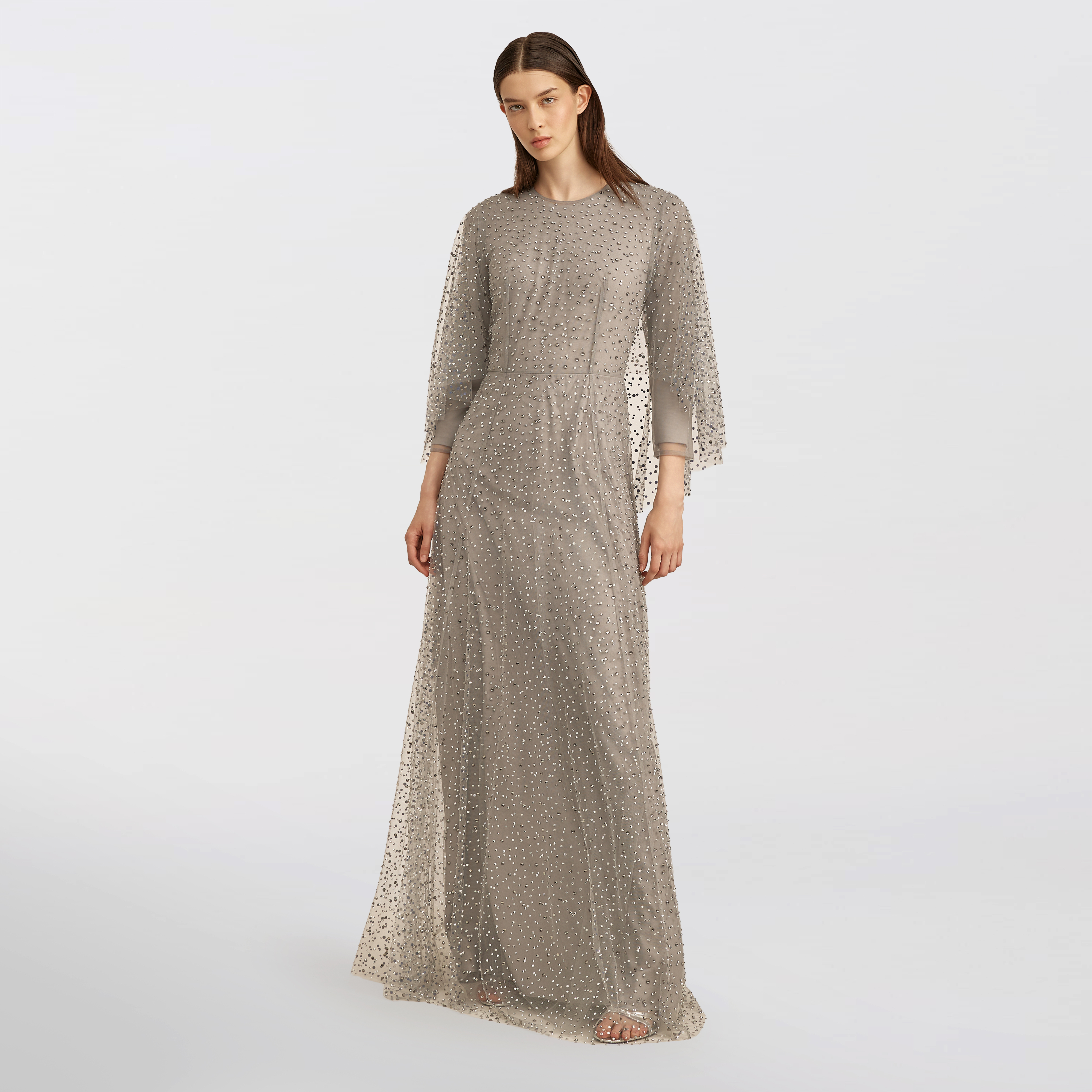 Tulle with Stones Cape Dress Maxi, Silver