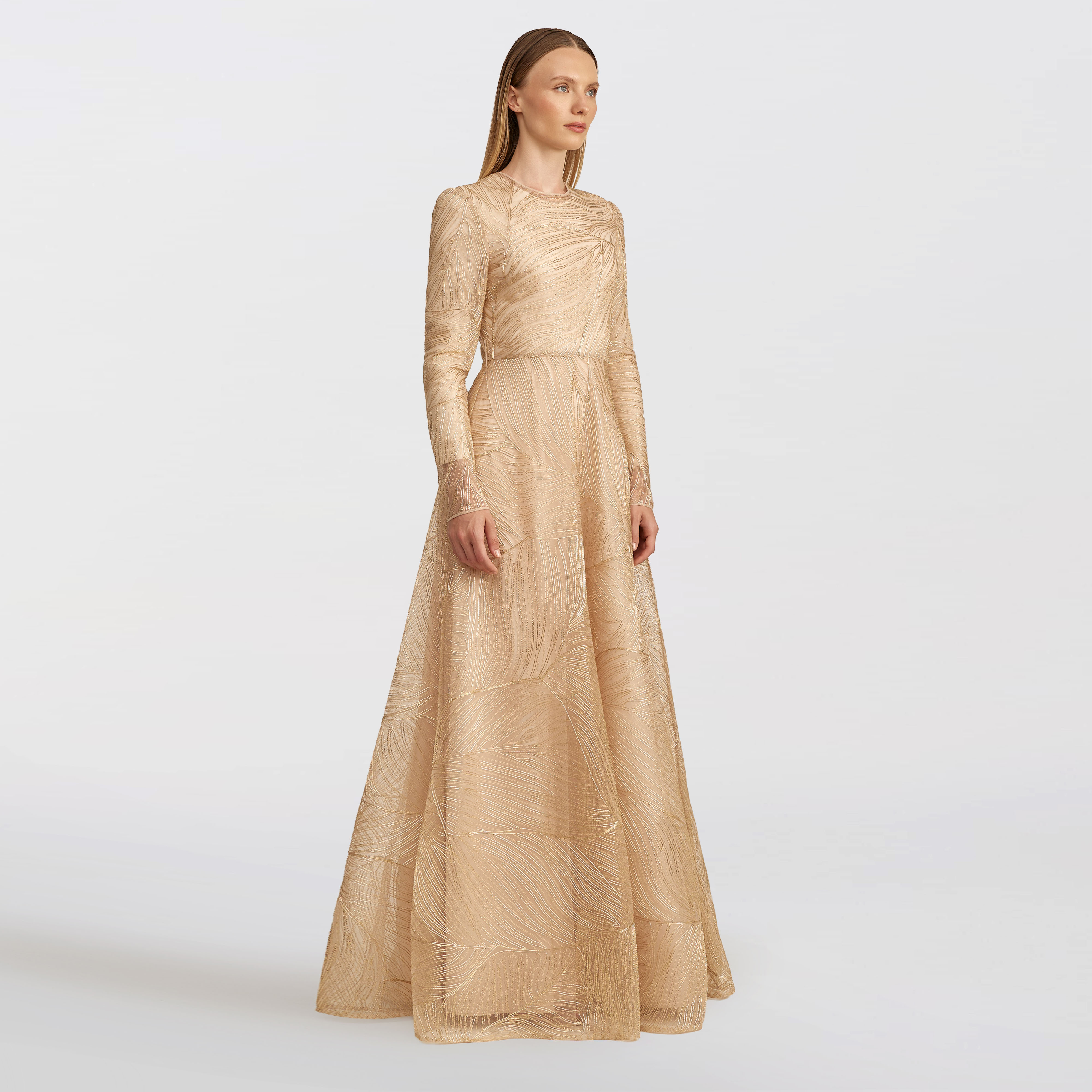Tulle with metallic raffia embroidery Maxi dress, gold