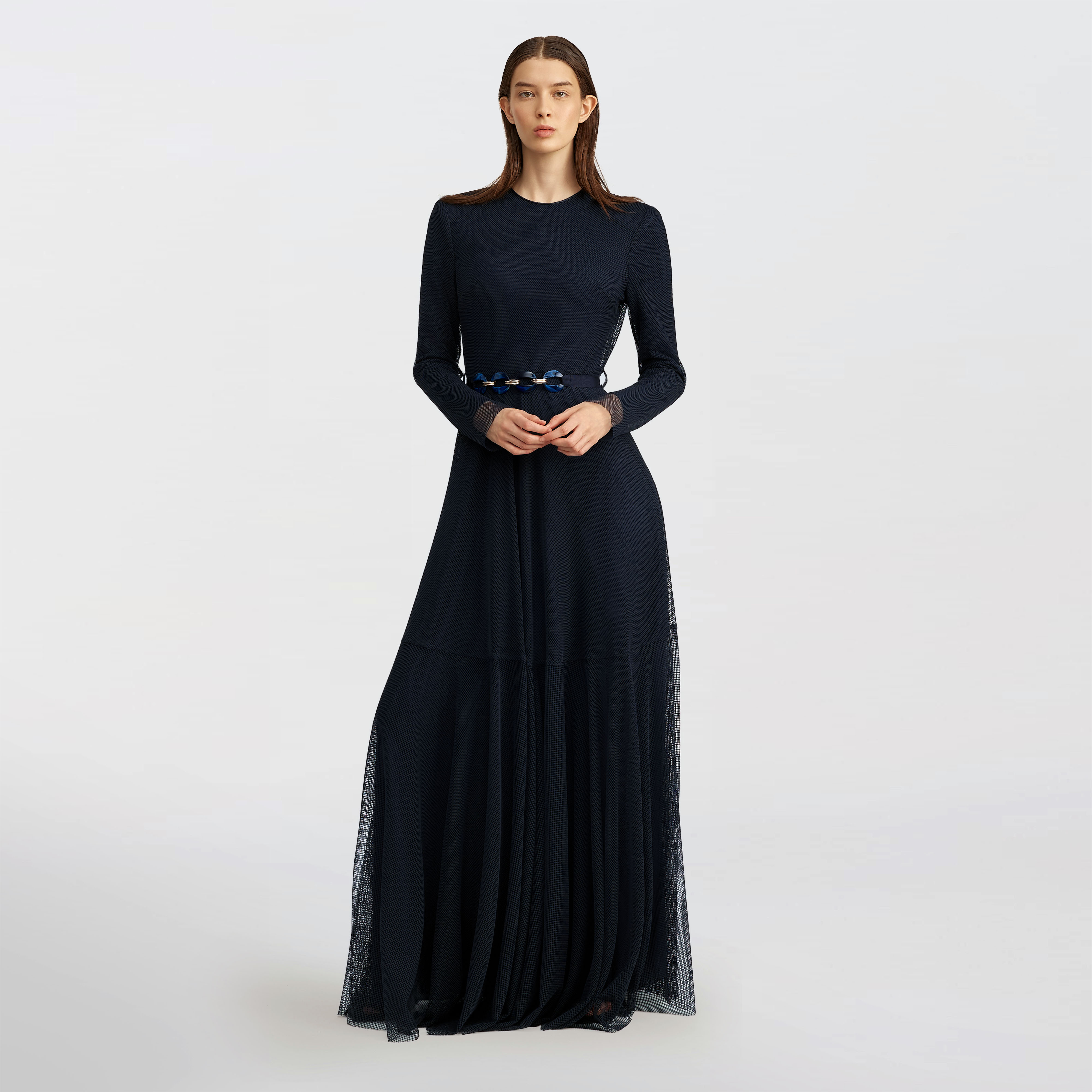 Flared mesh Maxi dress, blue