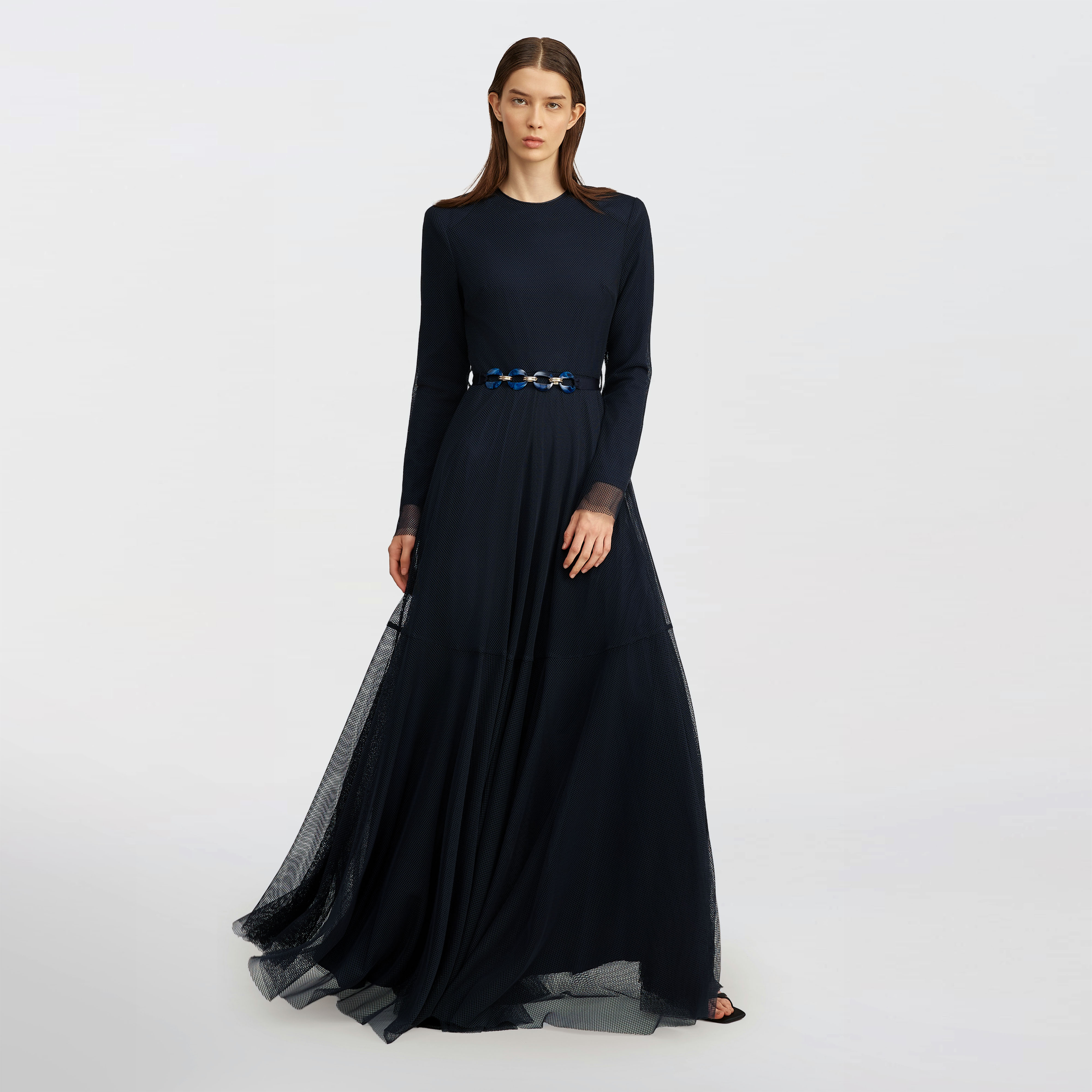 Flared mesh Maxi dress, blue