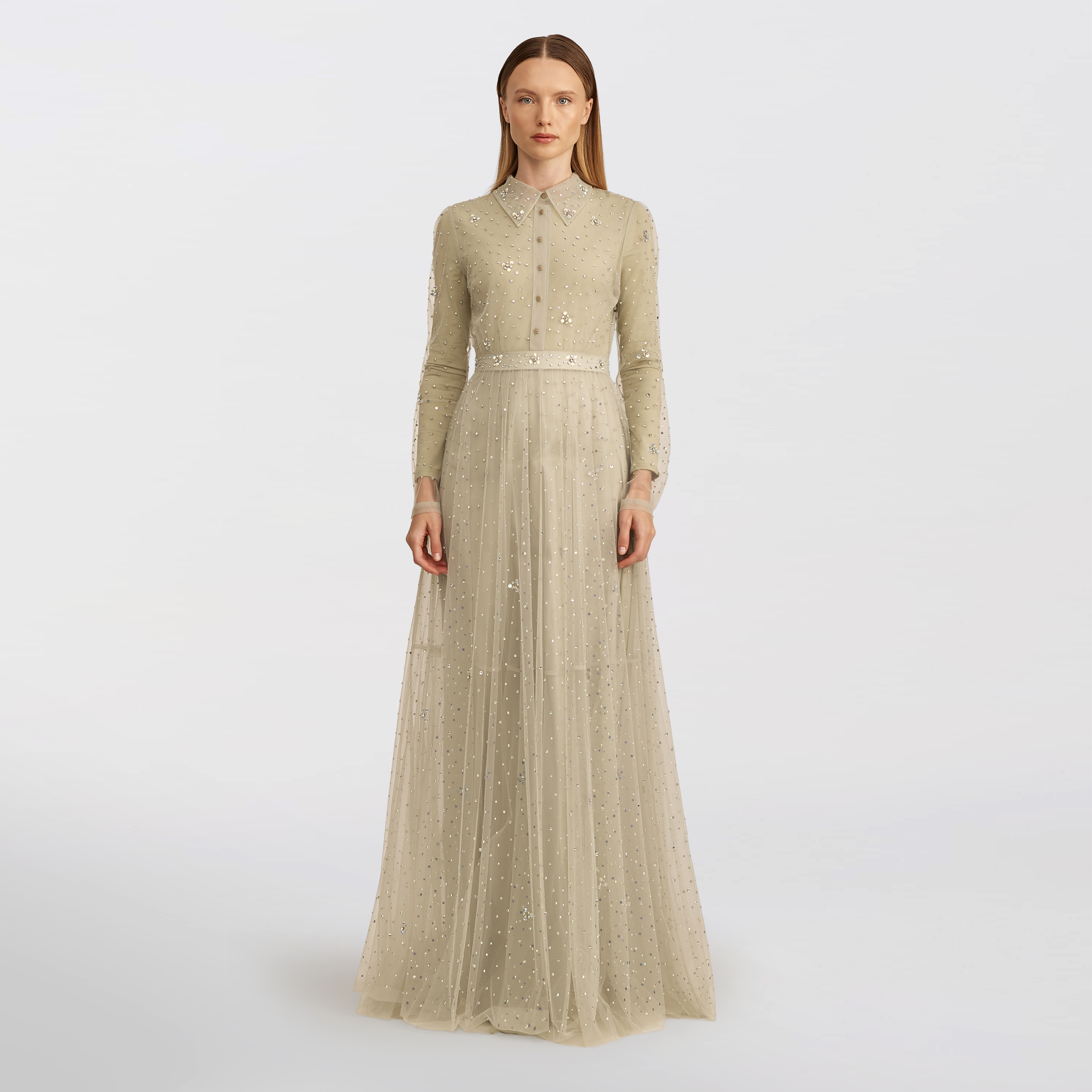Buttoned tulle with stones dress Maxi, green