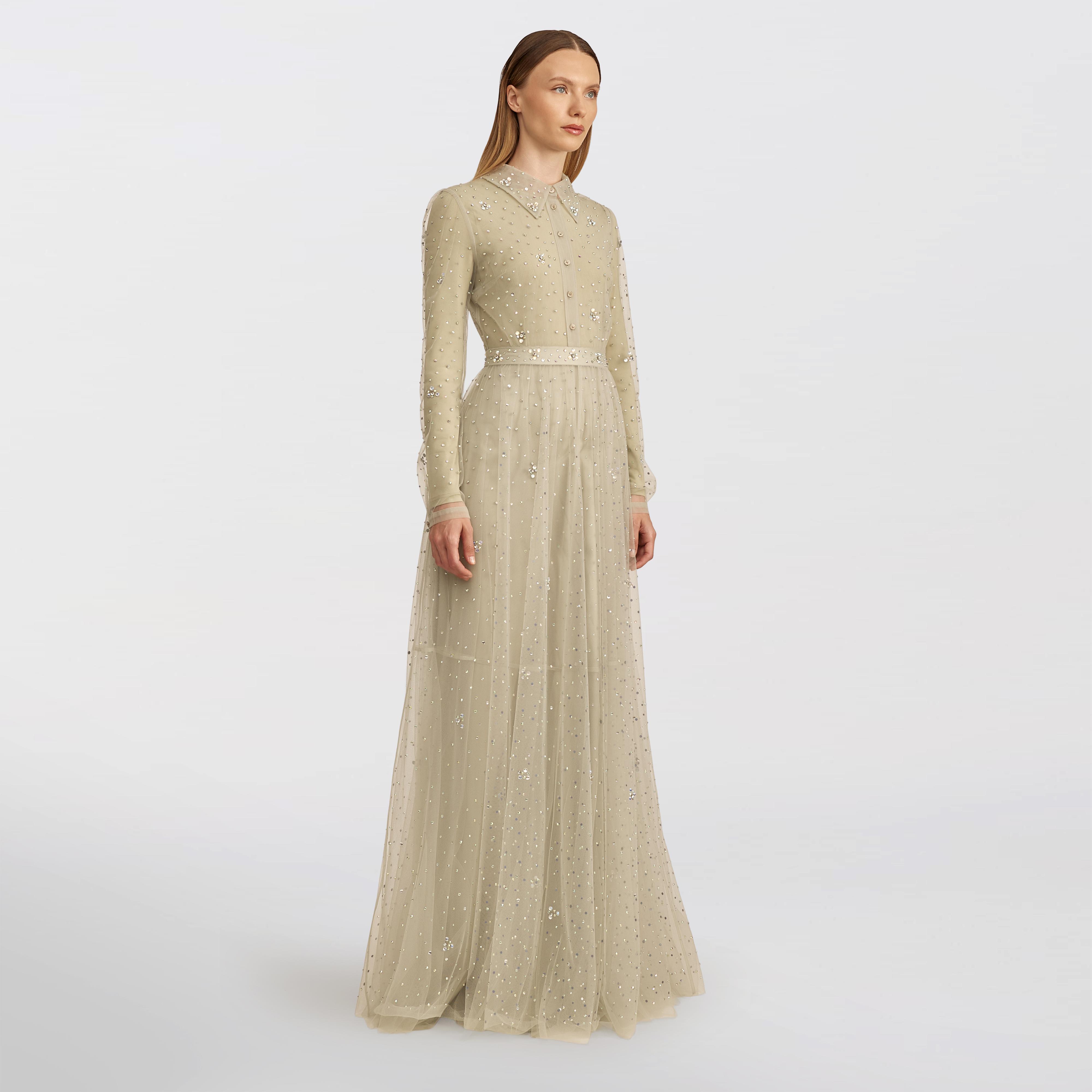 Buttoned tulle with stones dress Maxi, green