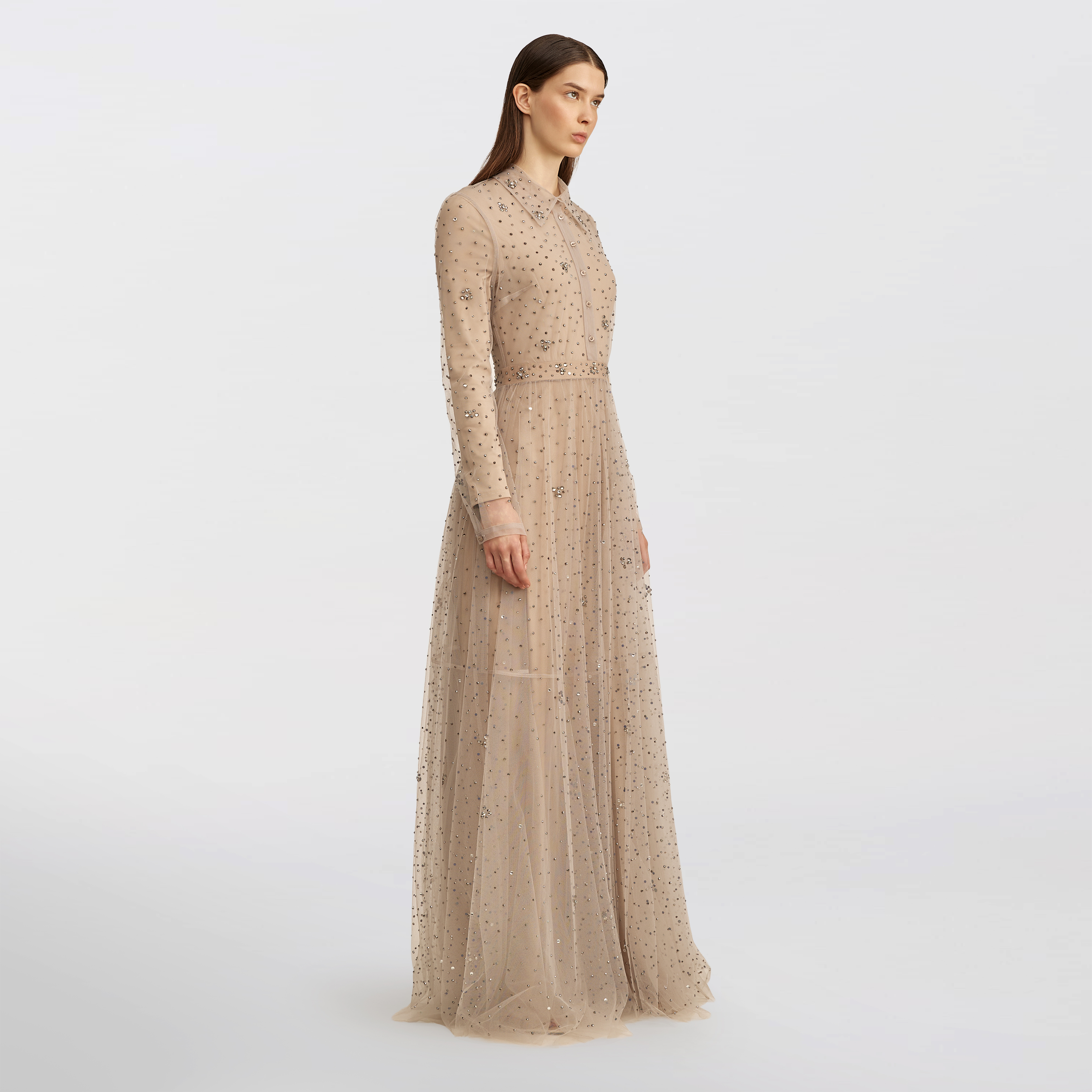 Buttoned tulle with stones dress Maxi, stone