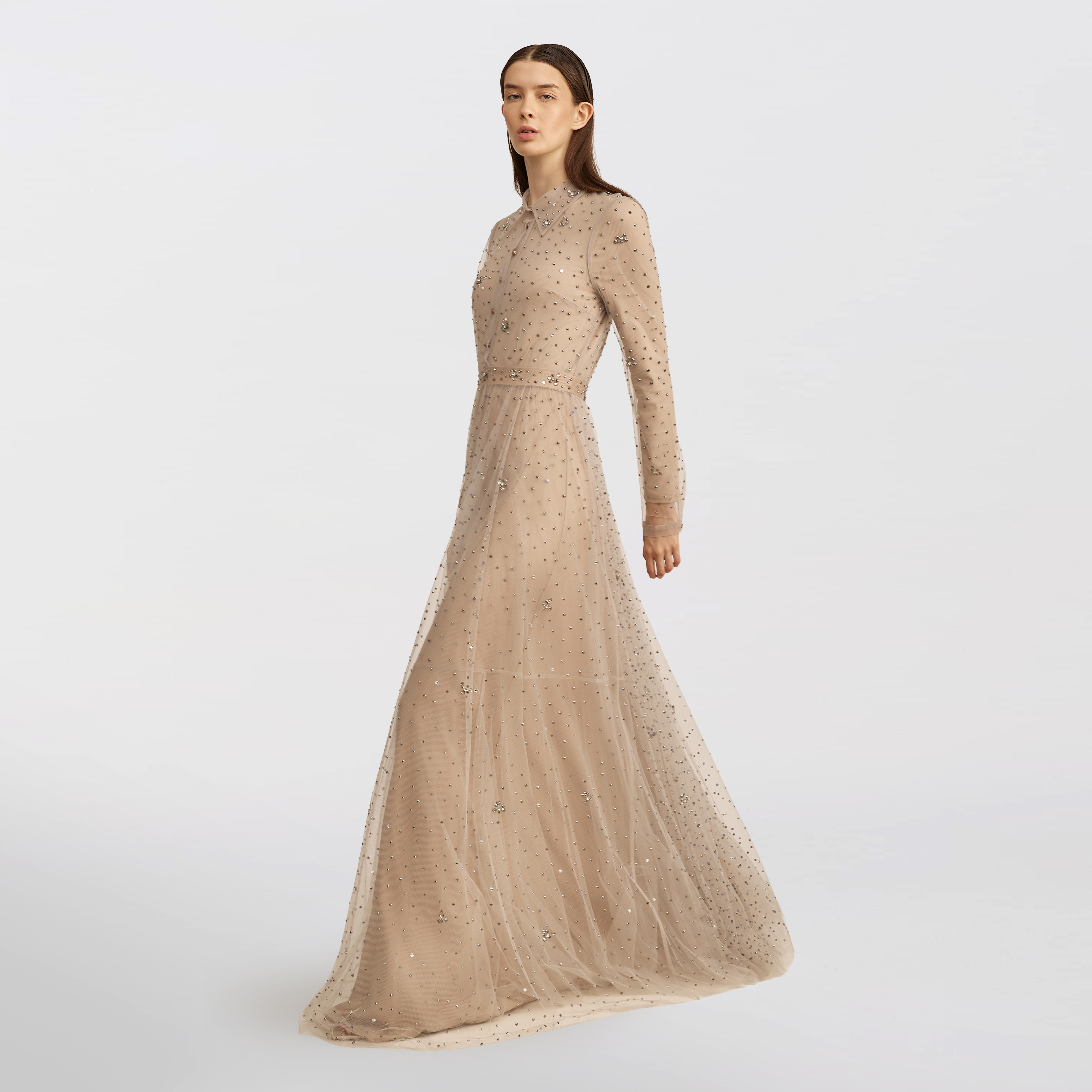 Buttoned tulle with stones dress Maxi, stone