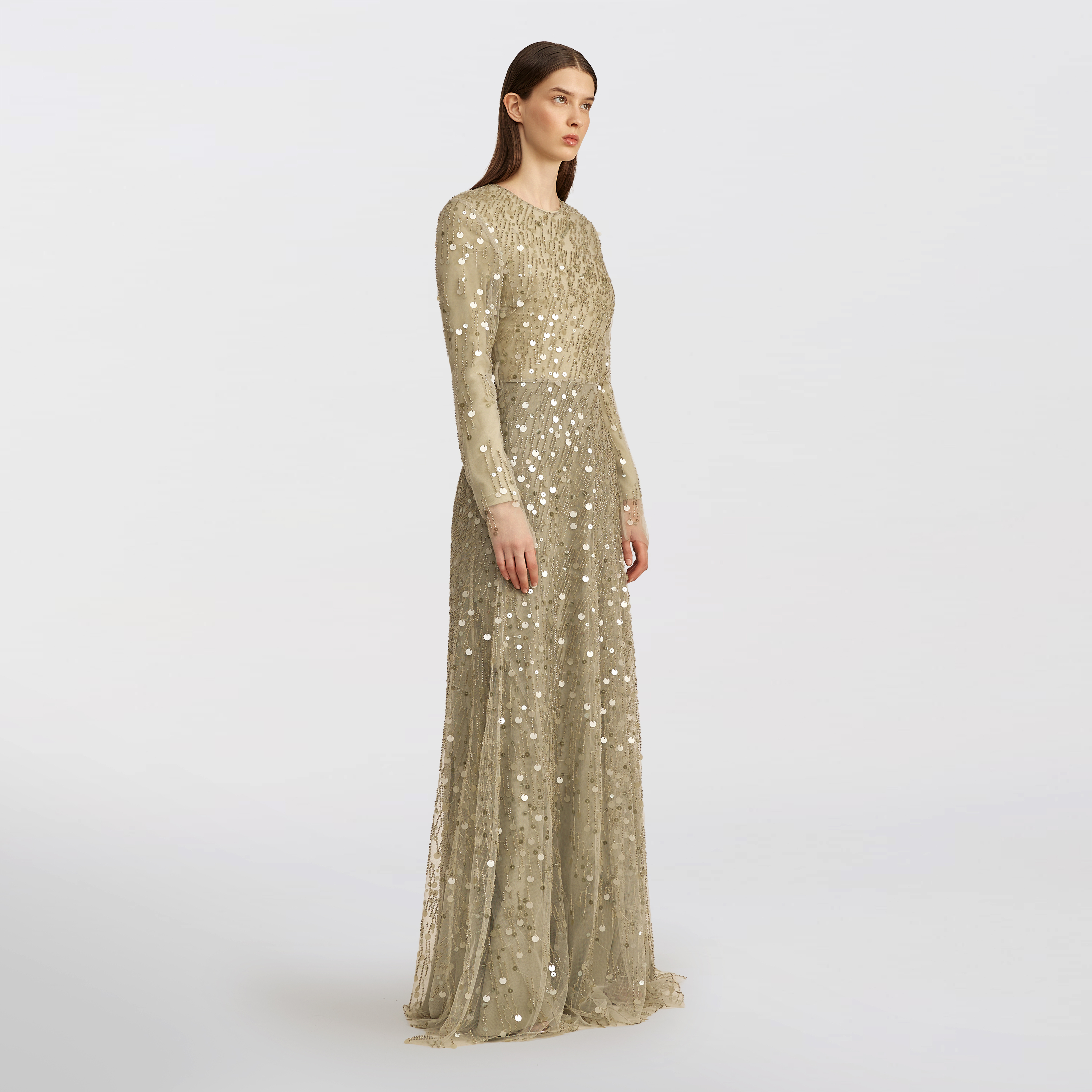 Diagonal sequin tulle Maxi dress, green