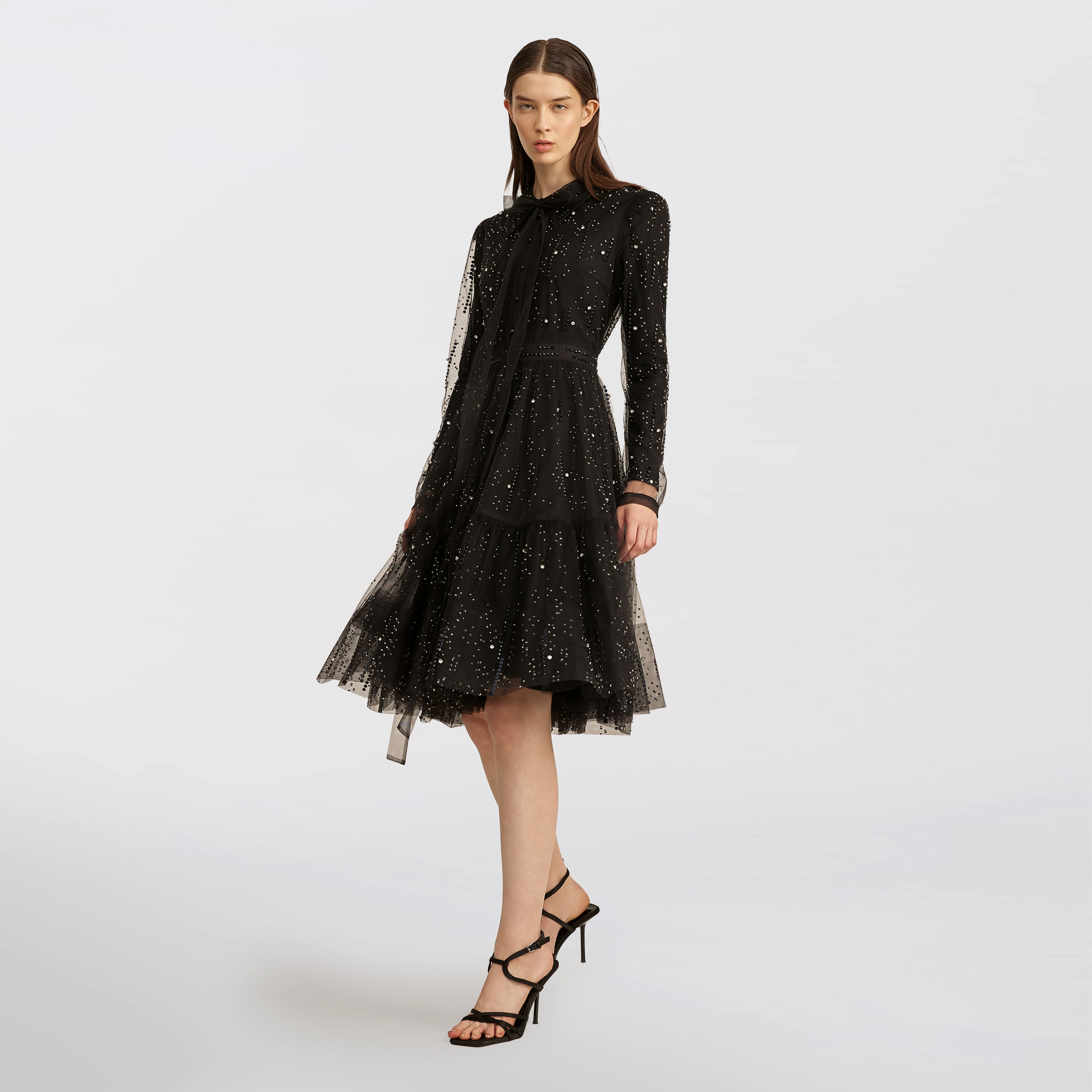 Buttoned tulle with stones dress, black