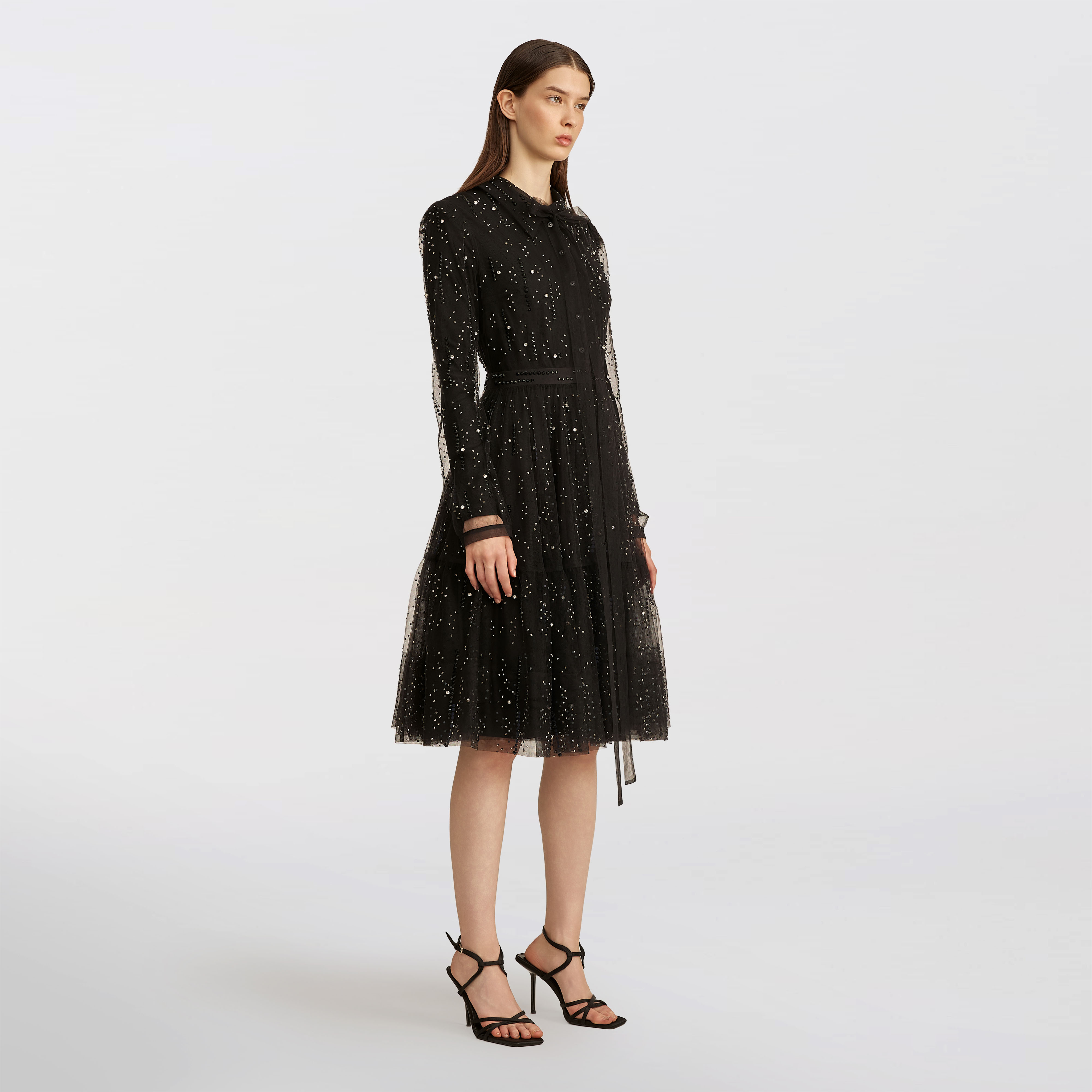 Buttoned tulle with stones dress, black