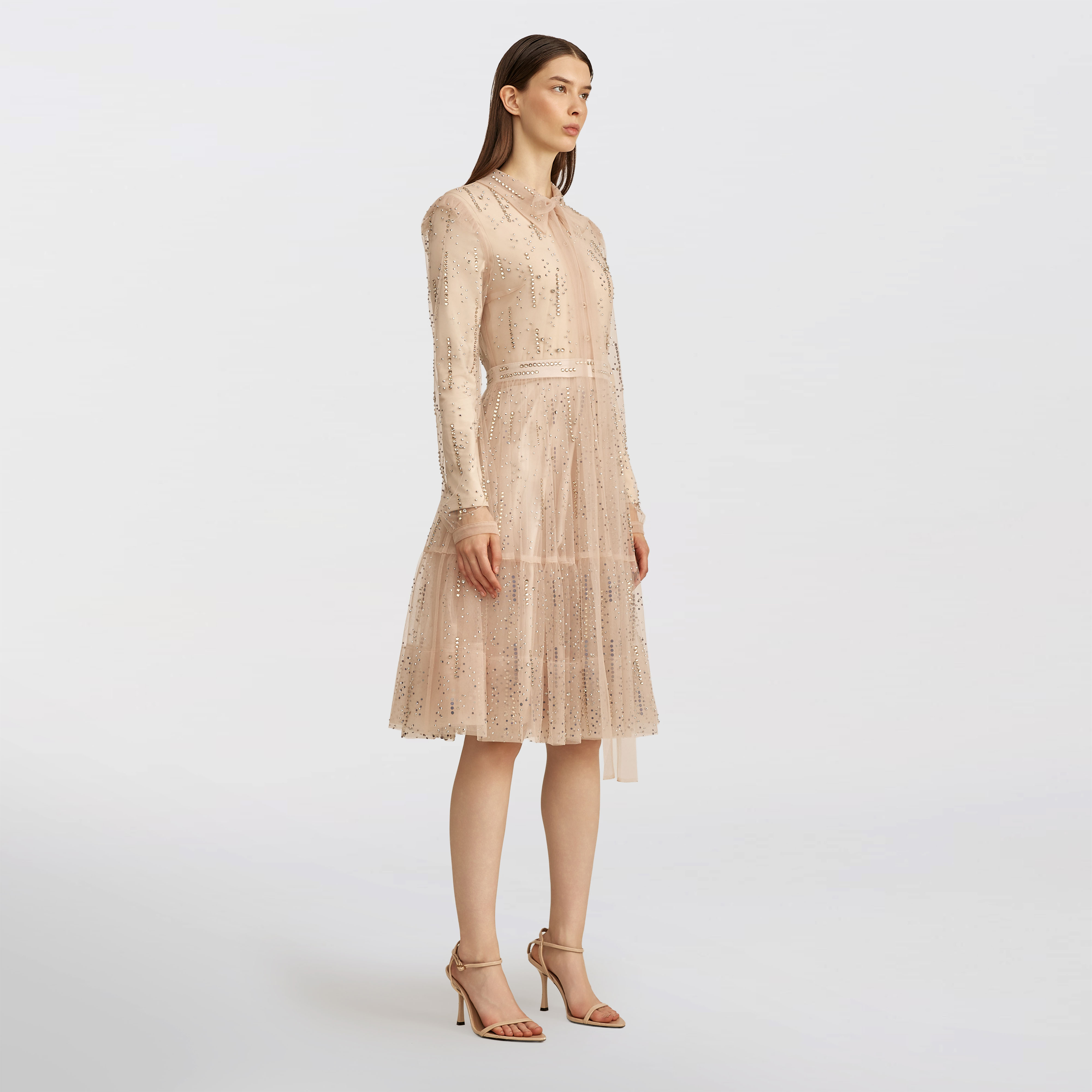 Buttoned tulle with stones dress, beige