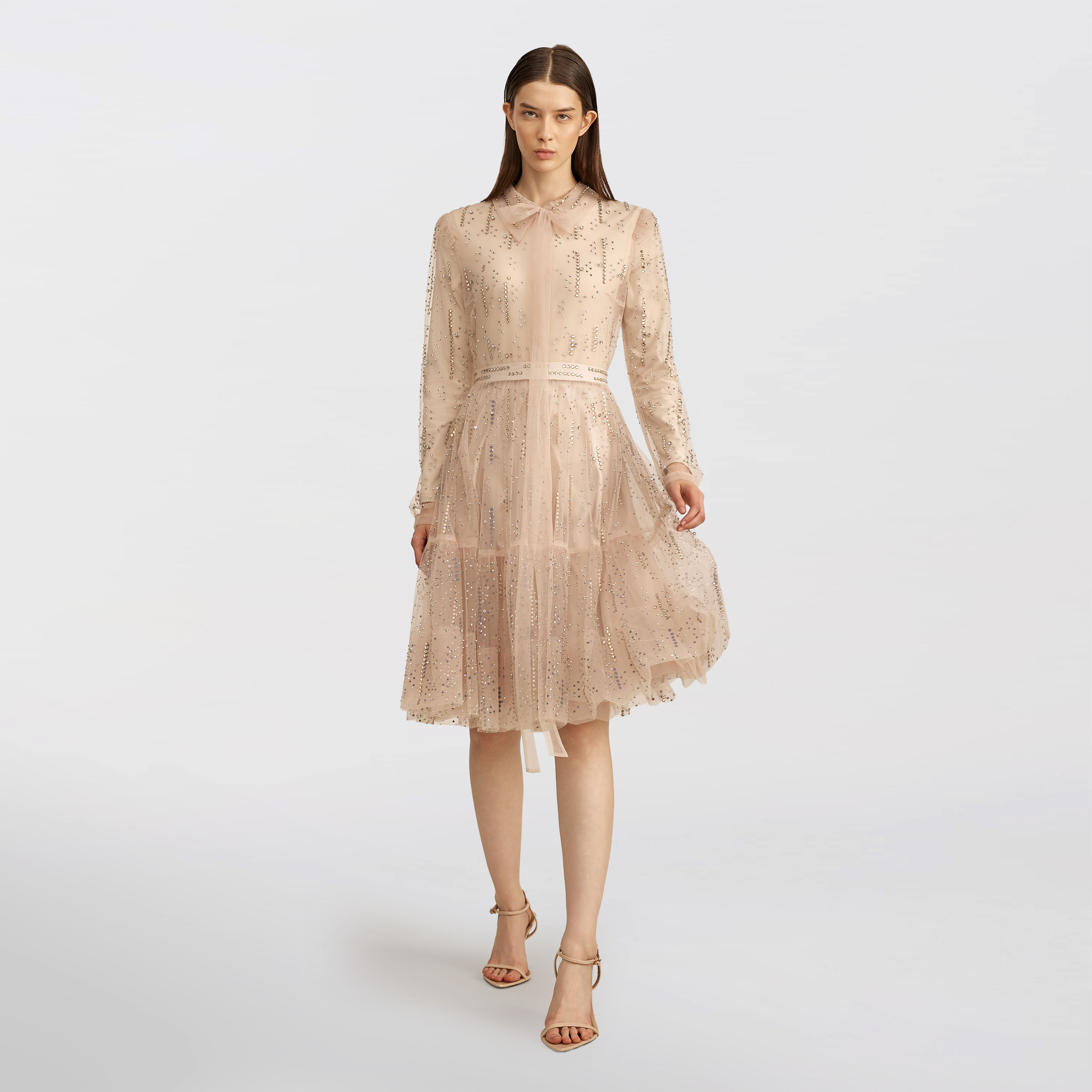 Buttoned tulle with stones dress, beige
