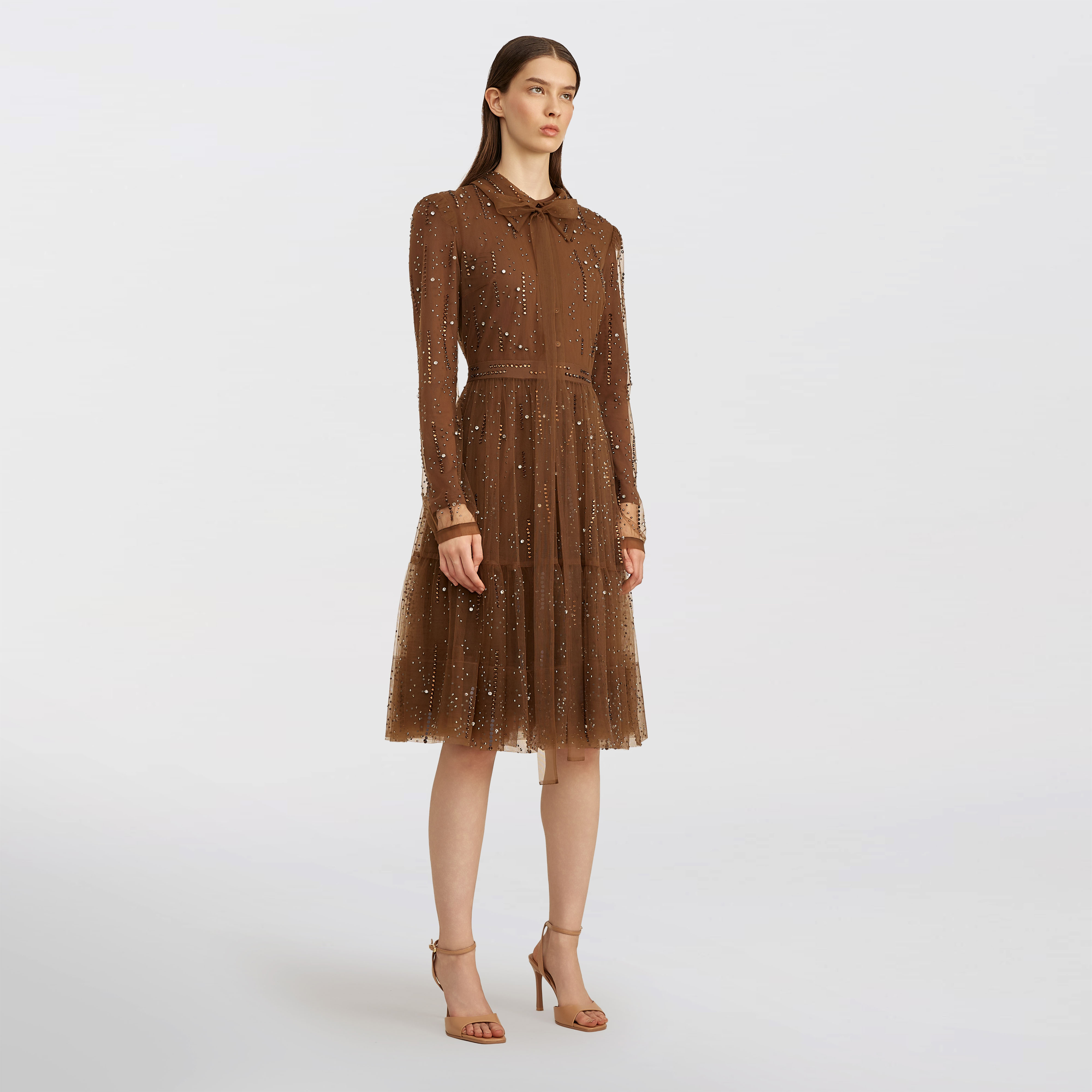 Buttoned tulle with stones dress, brown