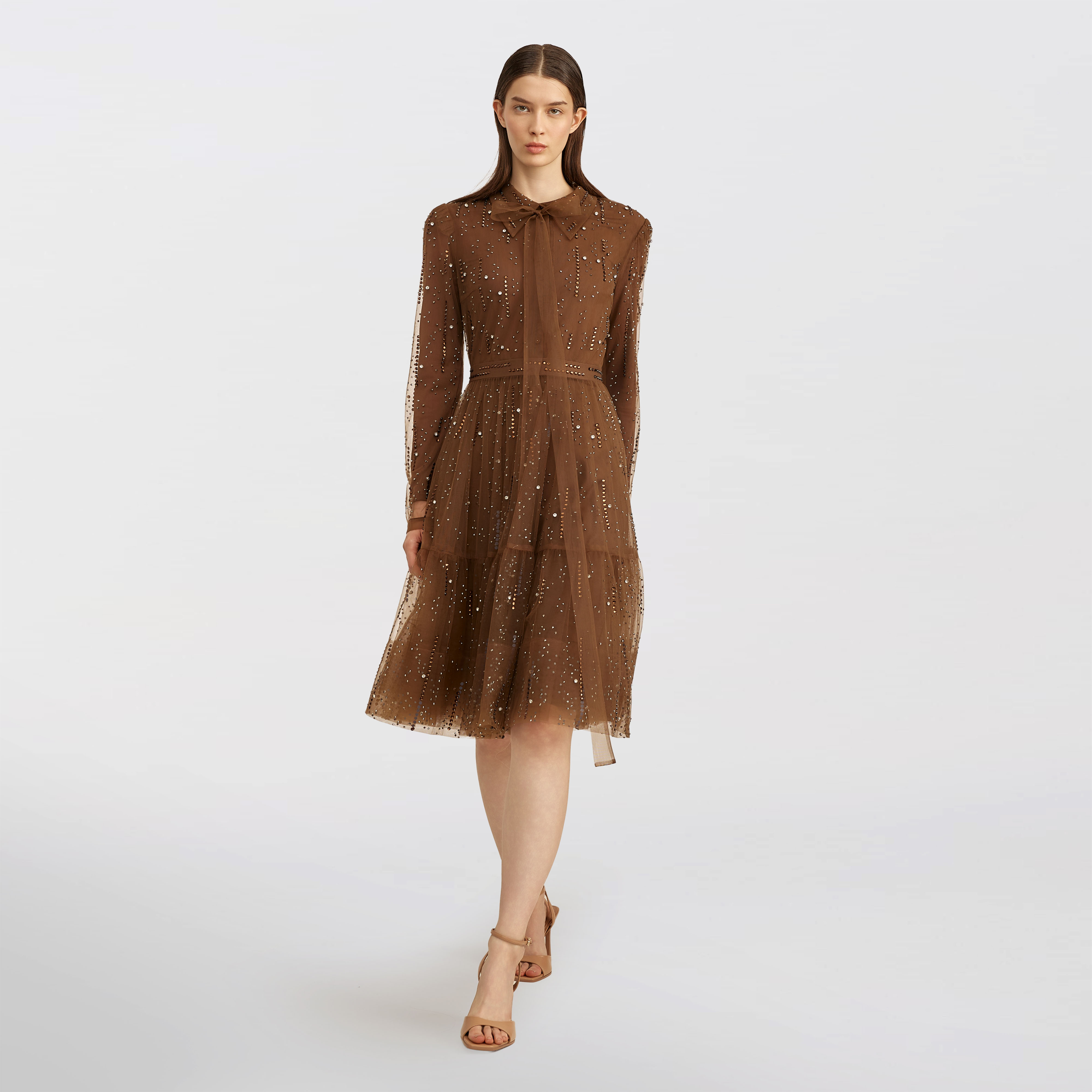 Buttoned tulle with stones dress, brown