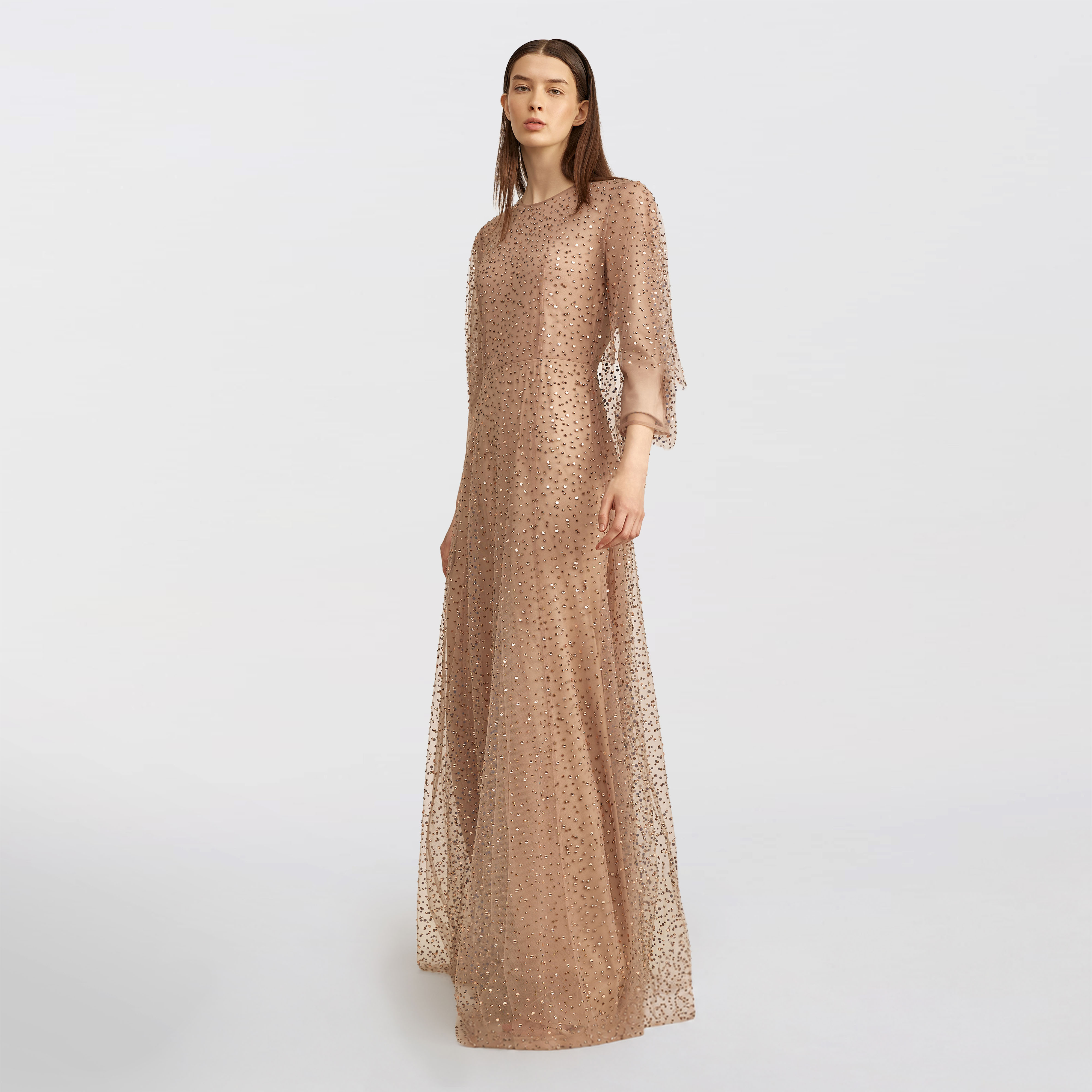 Tulle with Stones Cape Dress Maxi, Powder