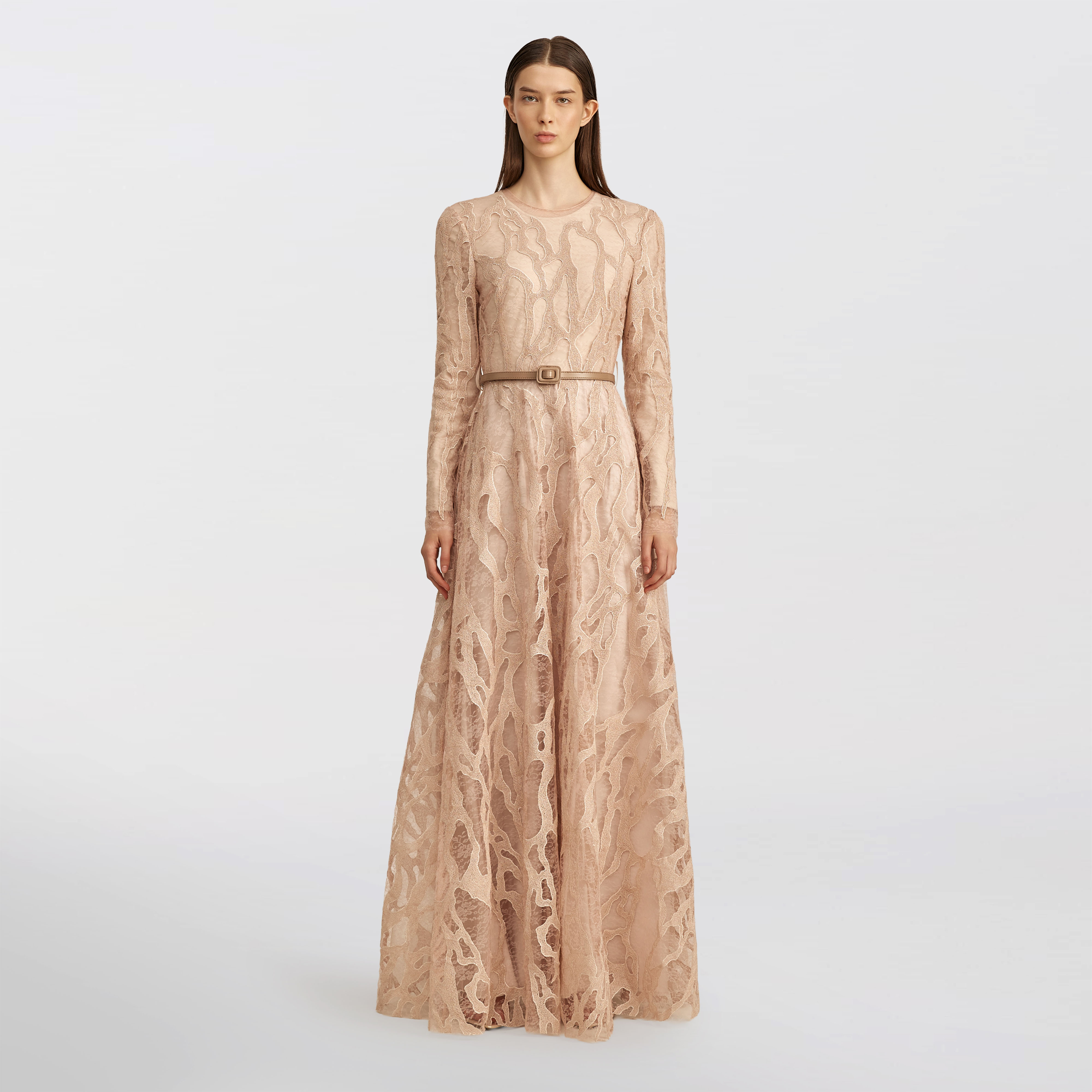 Lace and embroidered Maxi dress, Nude