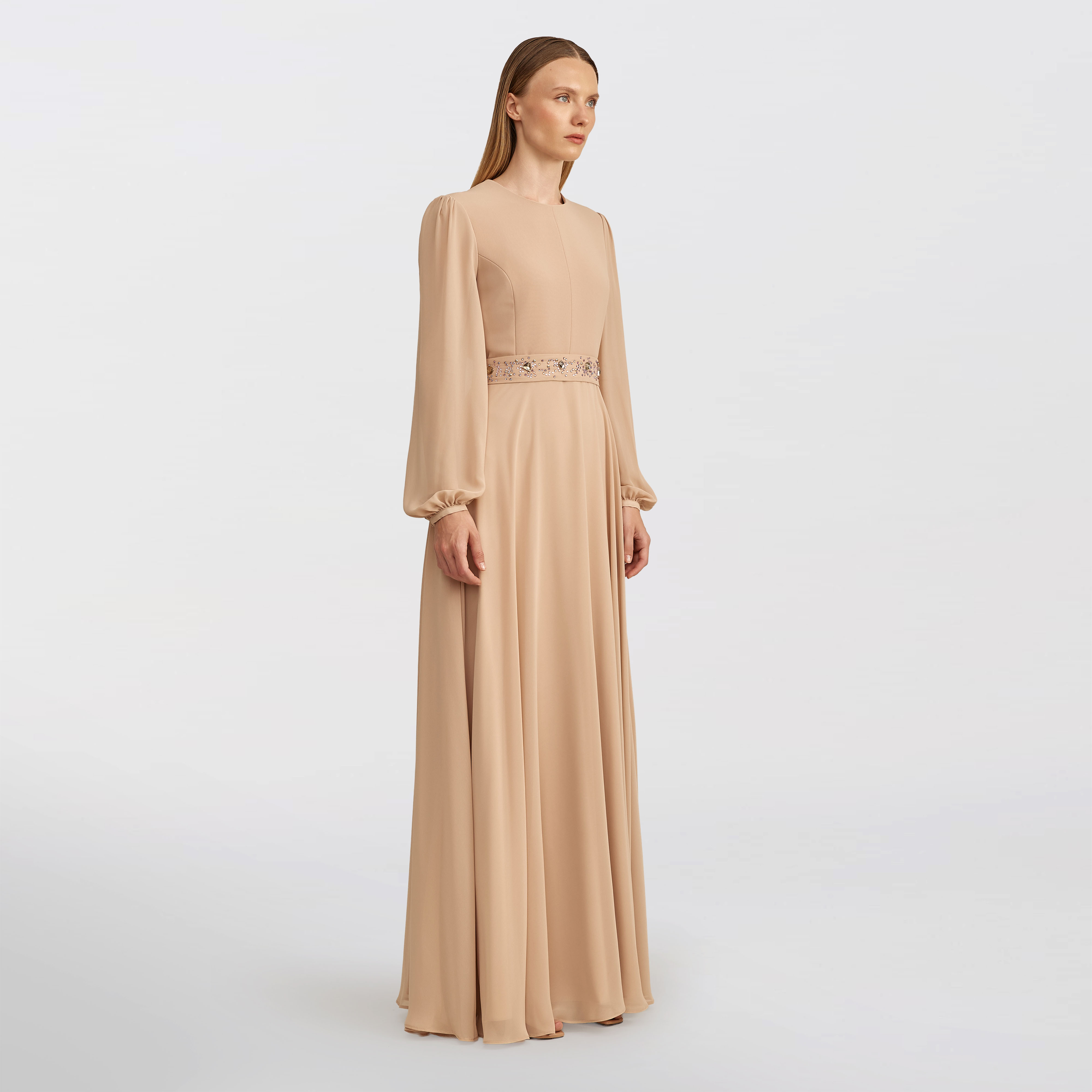Flared chiffon Maxi dress, beige