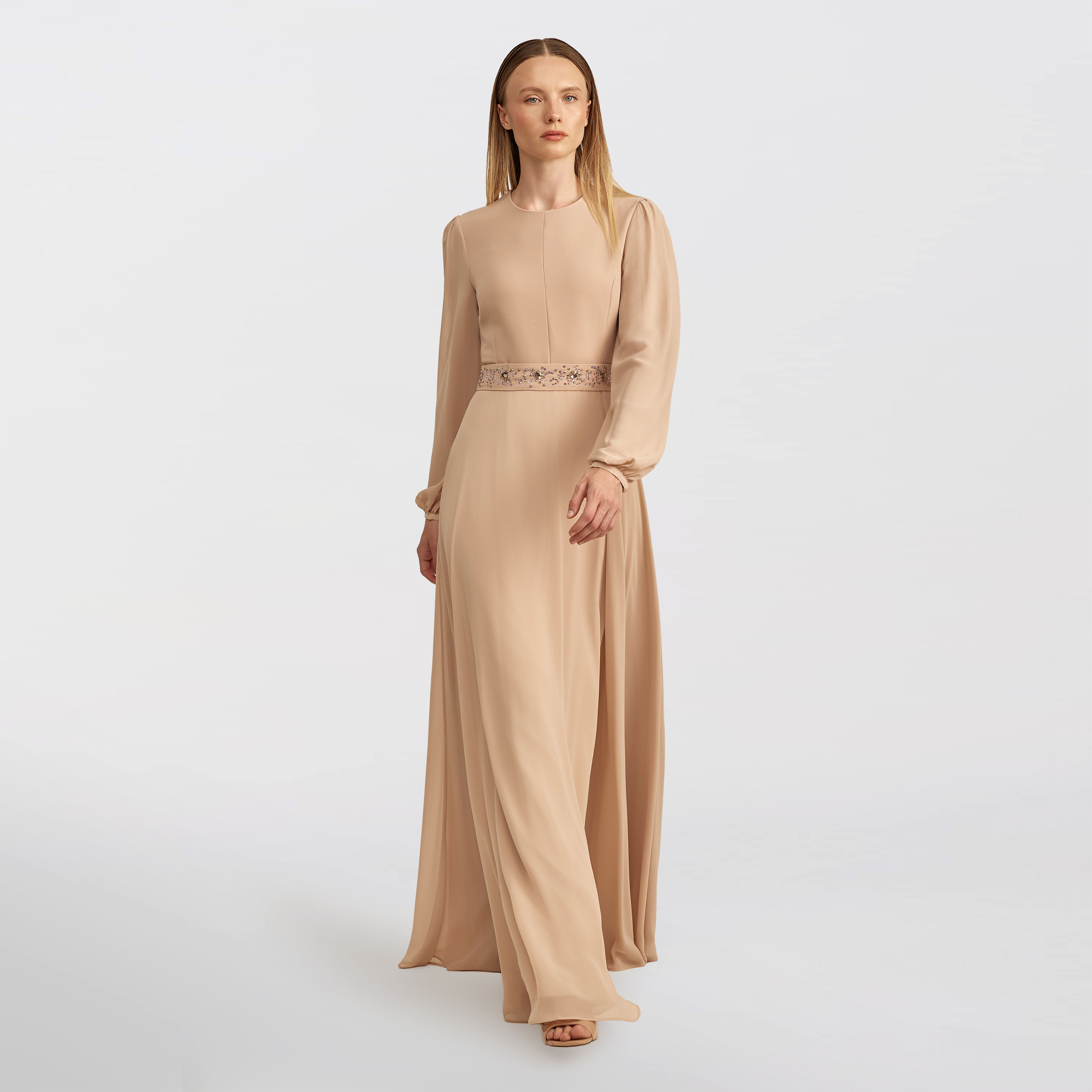 Flared chiffon Maxi dress, beige