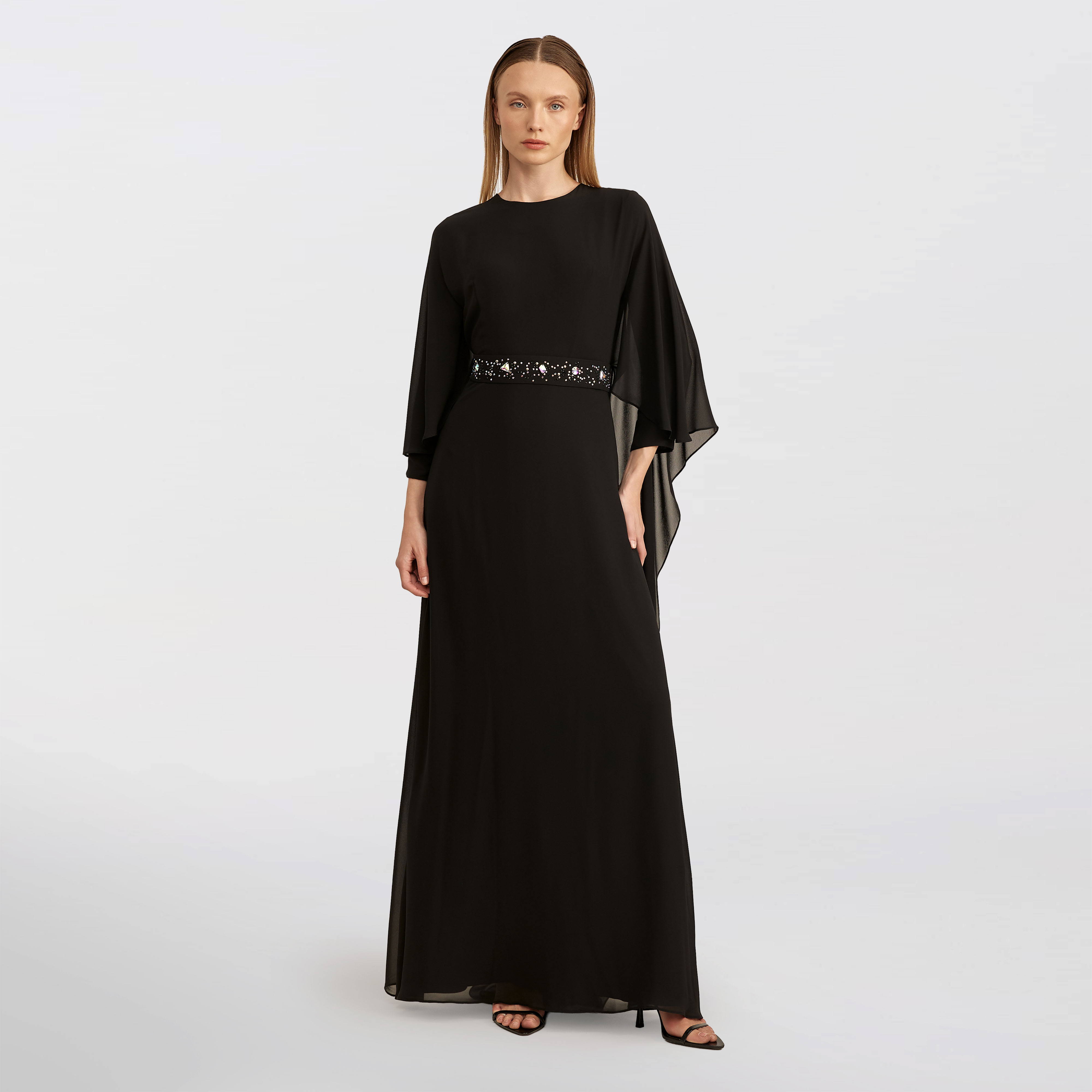 Flowing chiffon cape Maxi dress, black