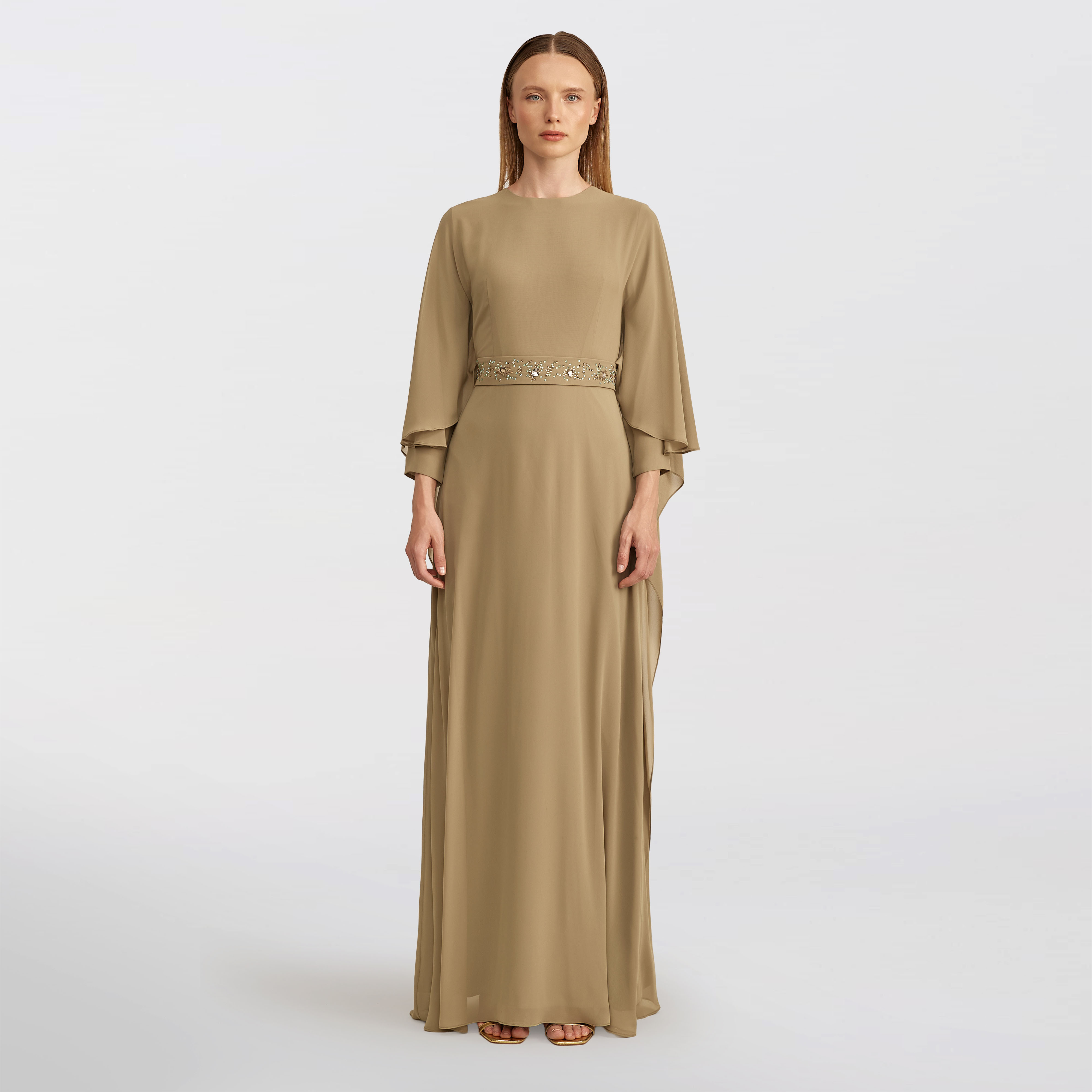 Flowing chiffon cape Maxi dress, green