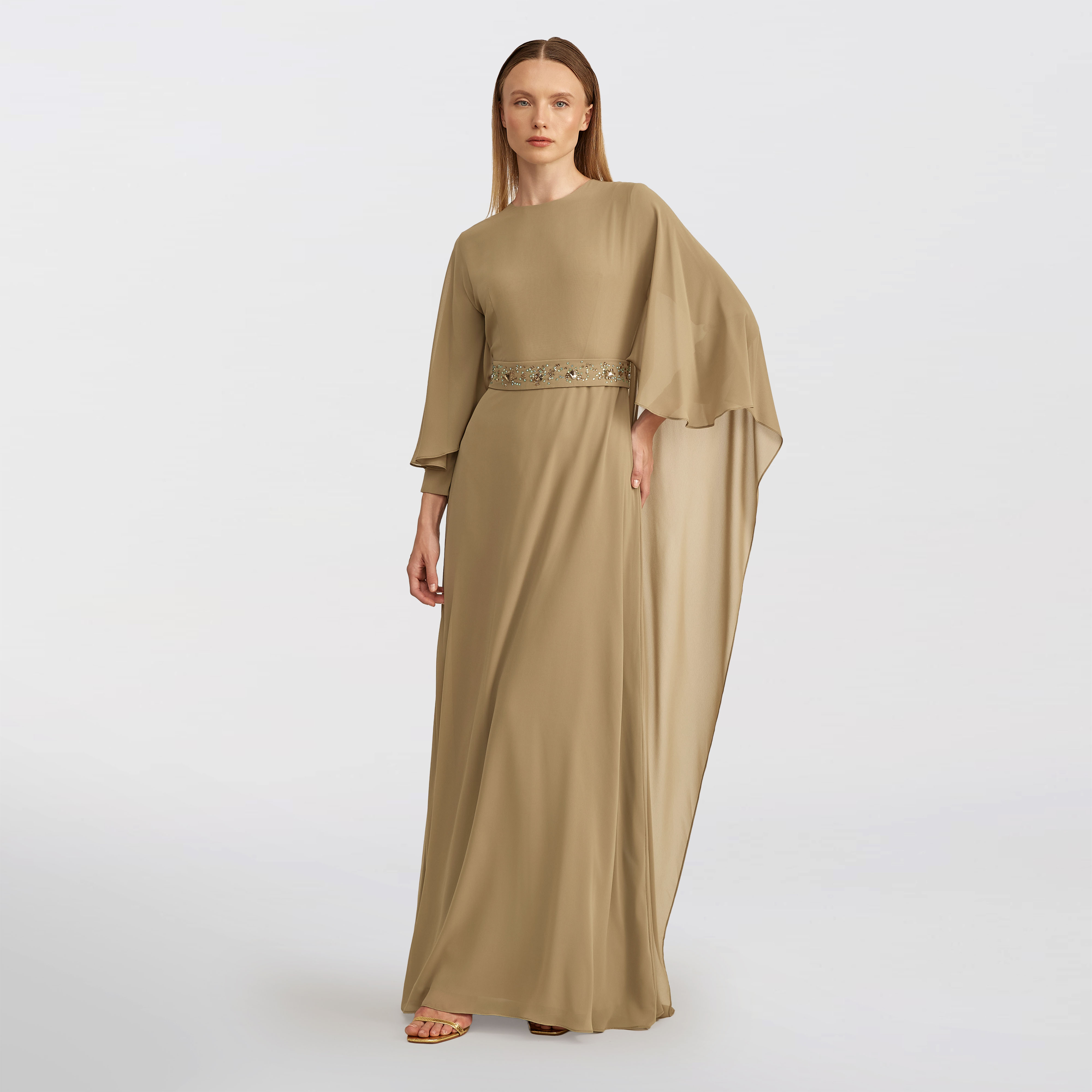 Flowing chiffon cape Maxi dress, green