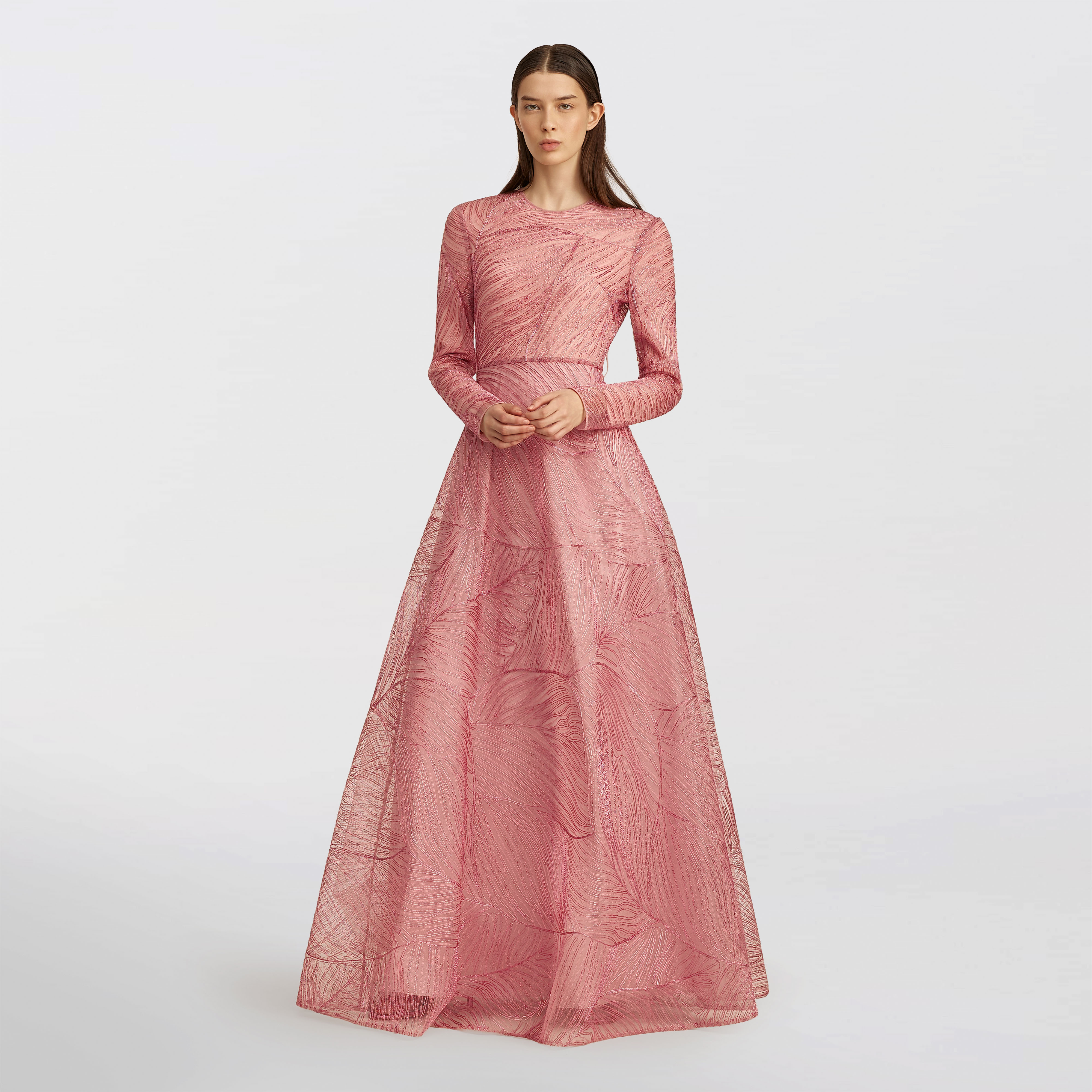 Tulle with metallic raffia embroidery Maxi dress, pink