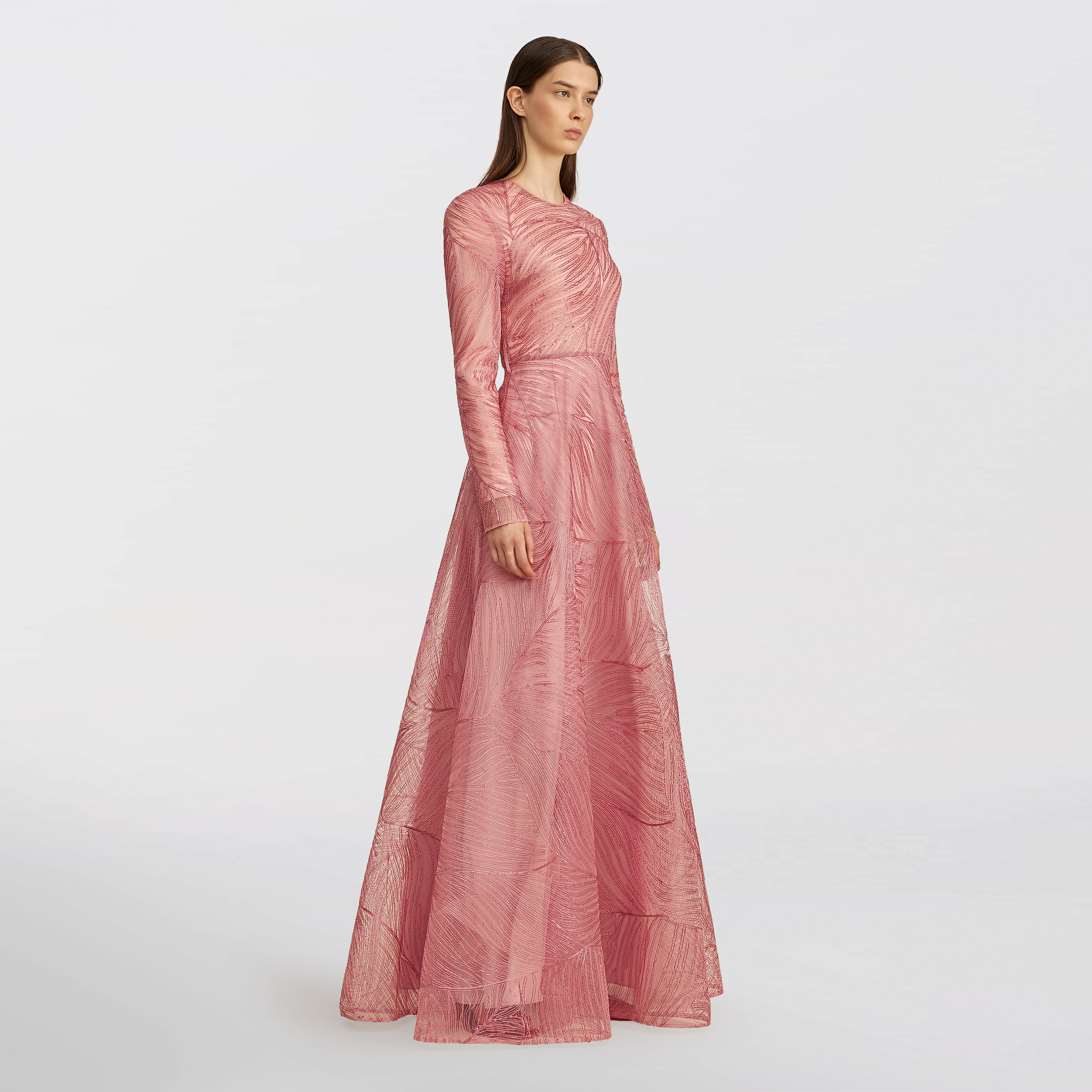 Tulle with metallic raffia embroidery Maxi dress, pink