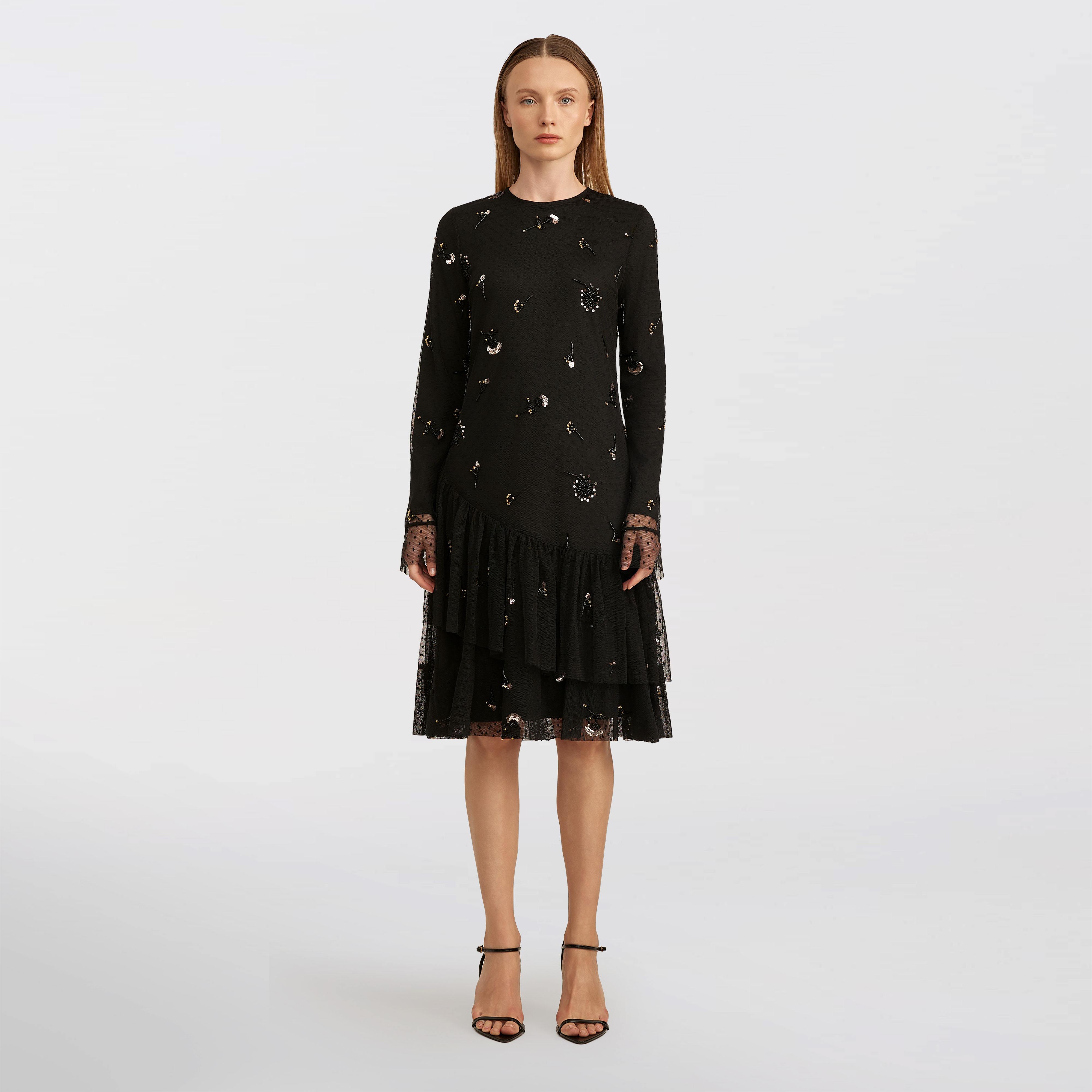 Tulle Dotted Beaded Floral Dress, Black