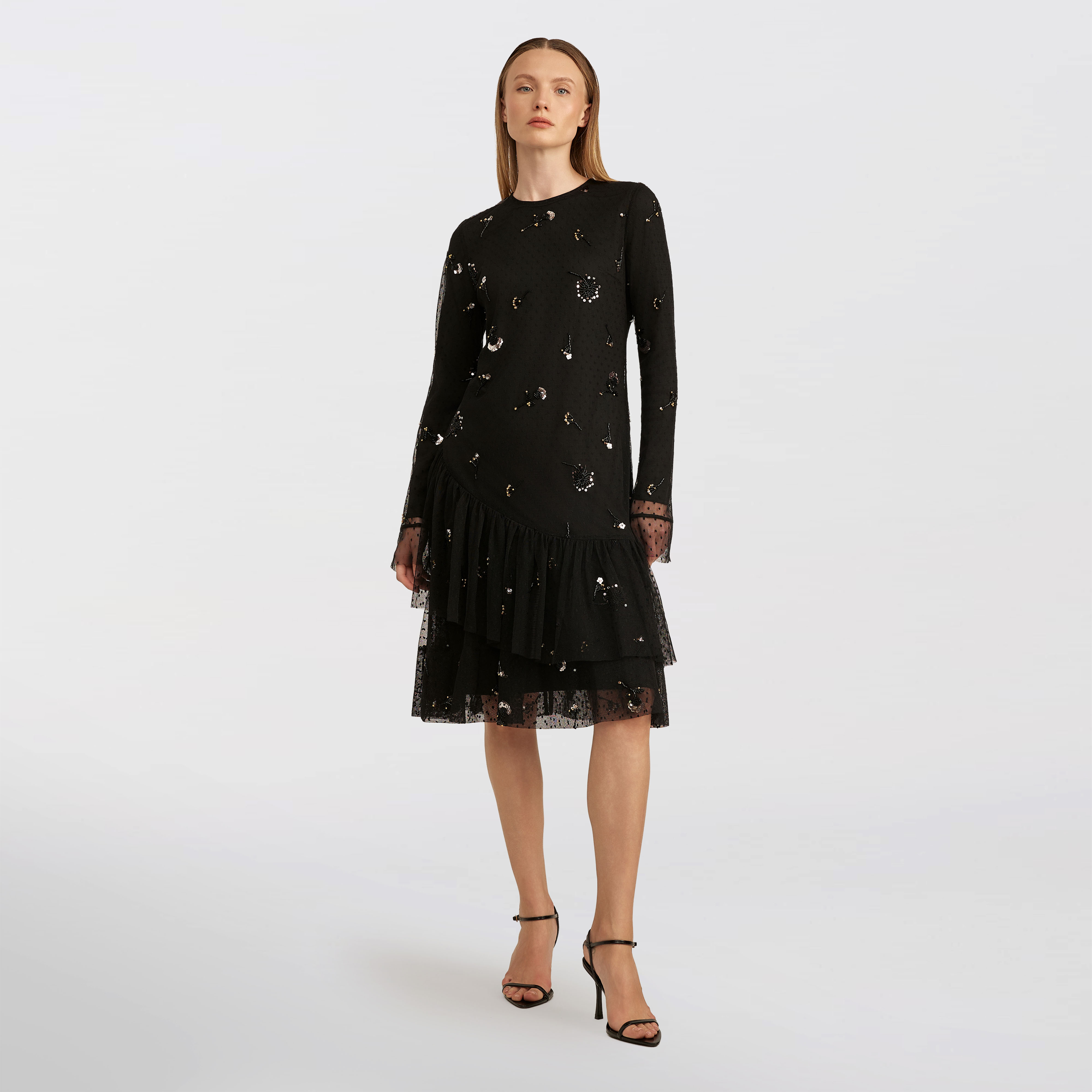 Tulle Dotted Beaded Floral Dress, Black