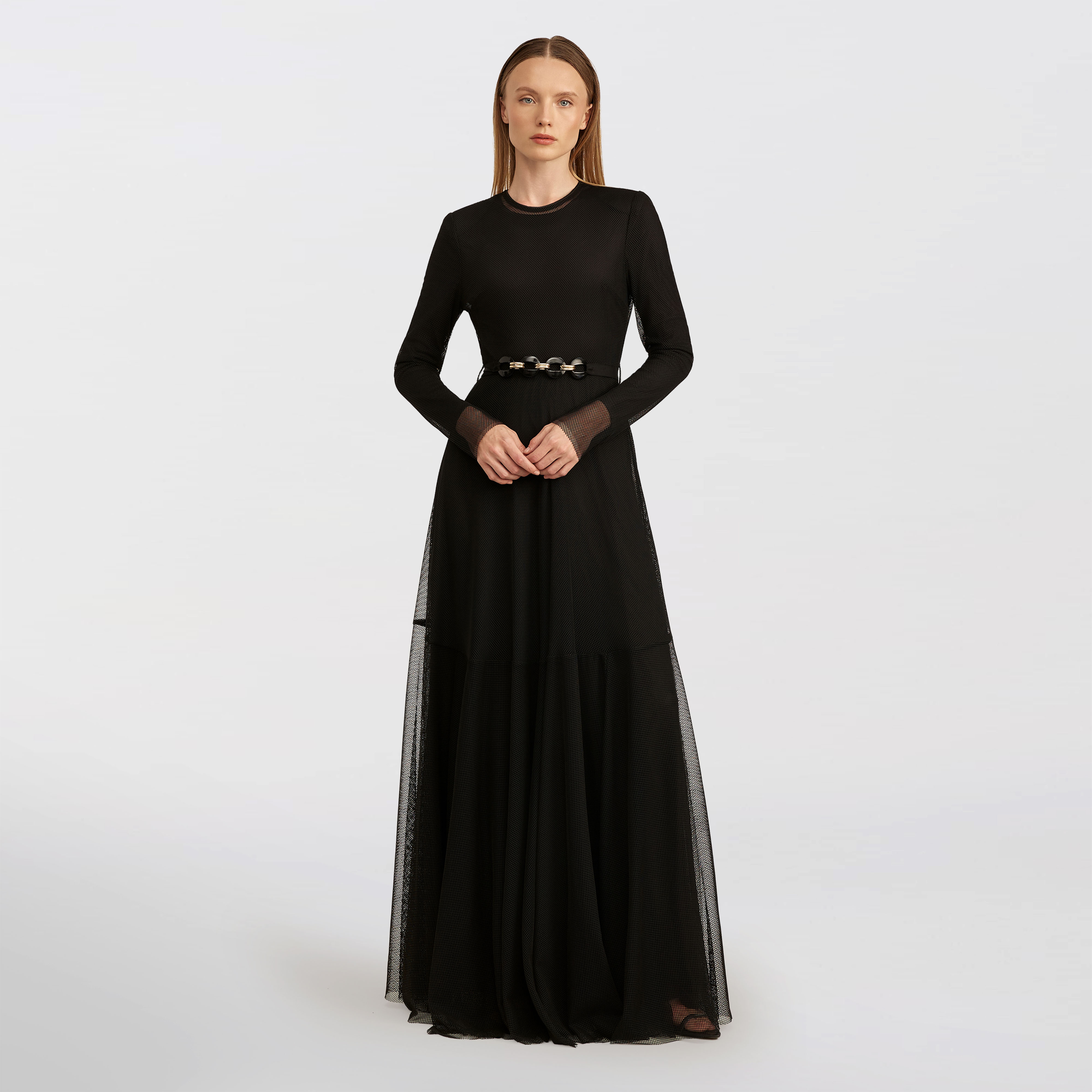 Flared mesh Maxi dress, black