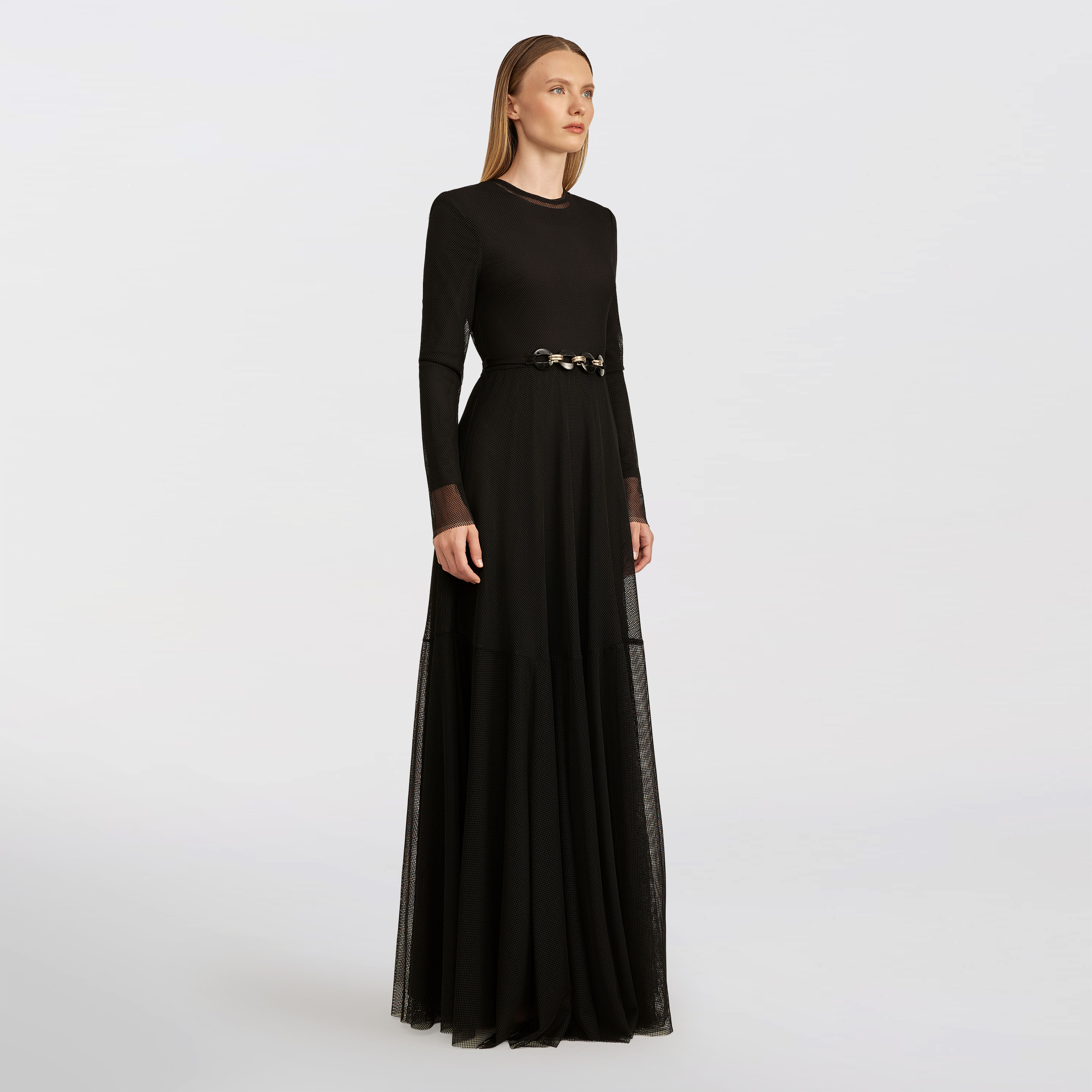 Flared mesh Maxi dress, black