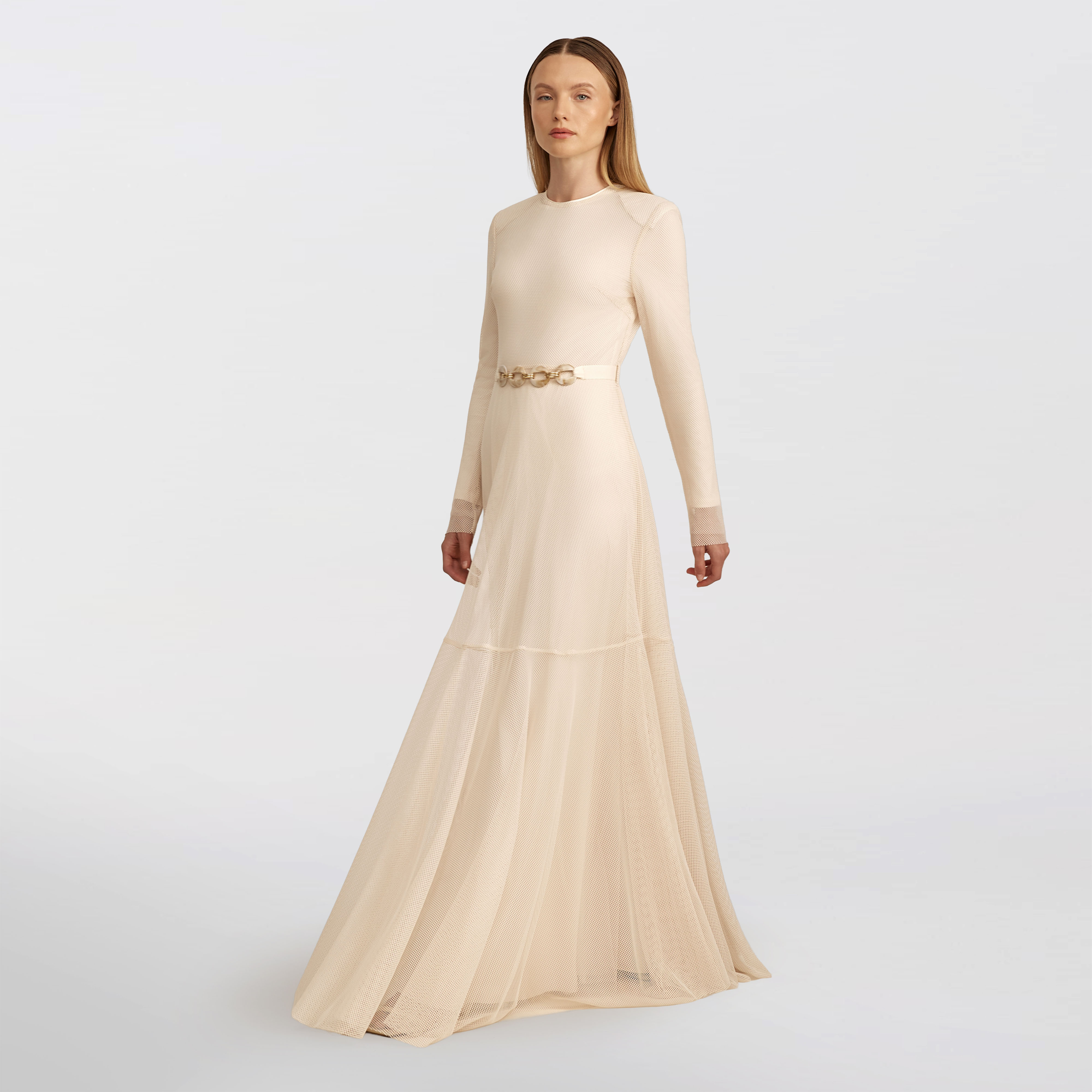 Flared mesh Maxi dress, beige