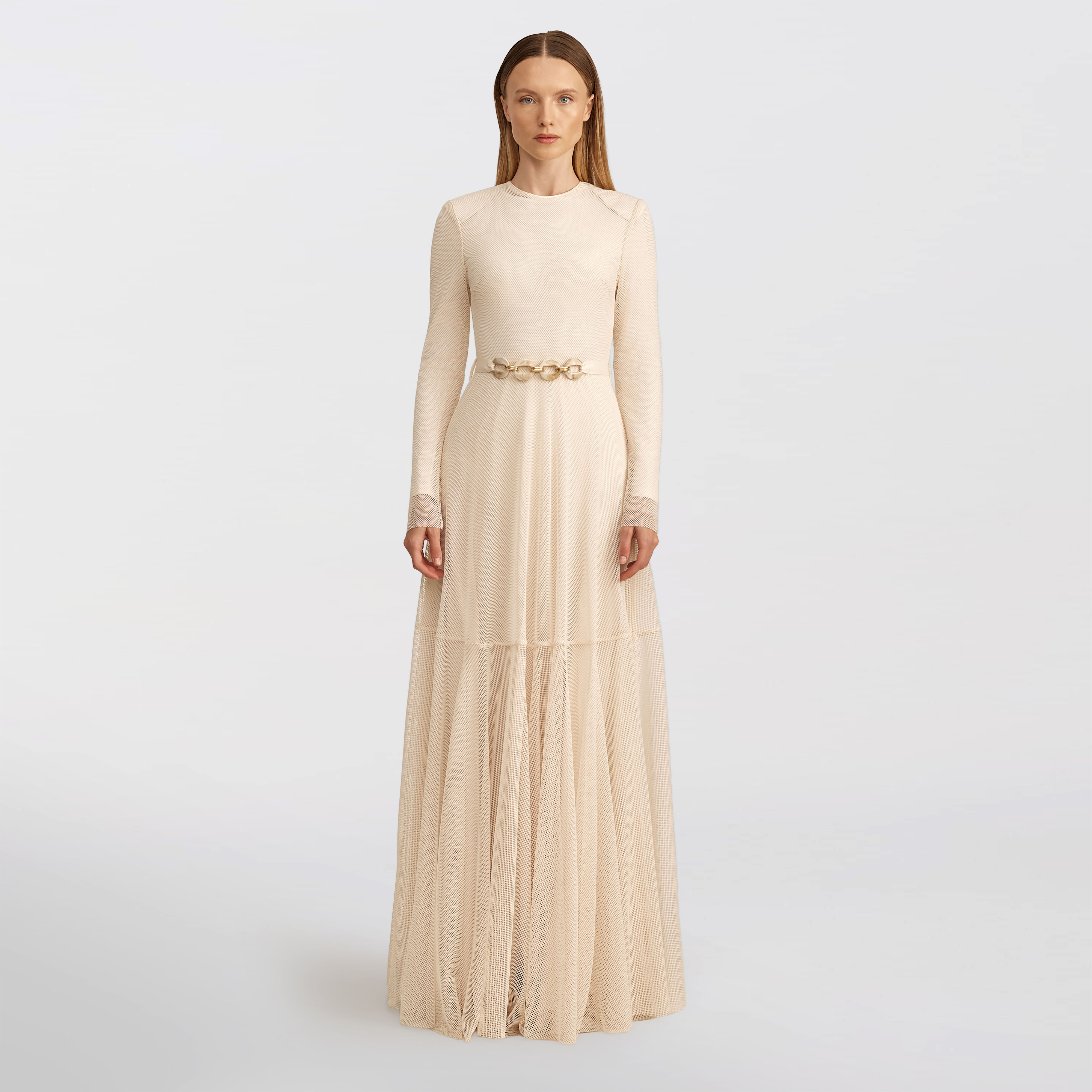 Flared mesh Maxi dress, beige