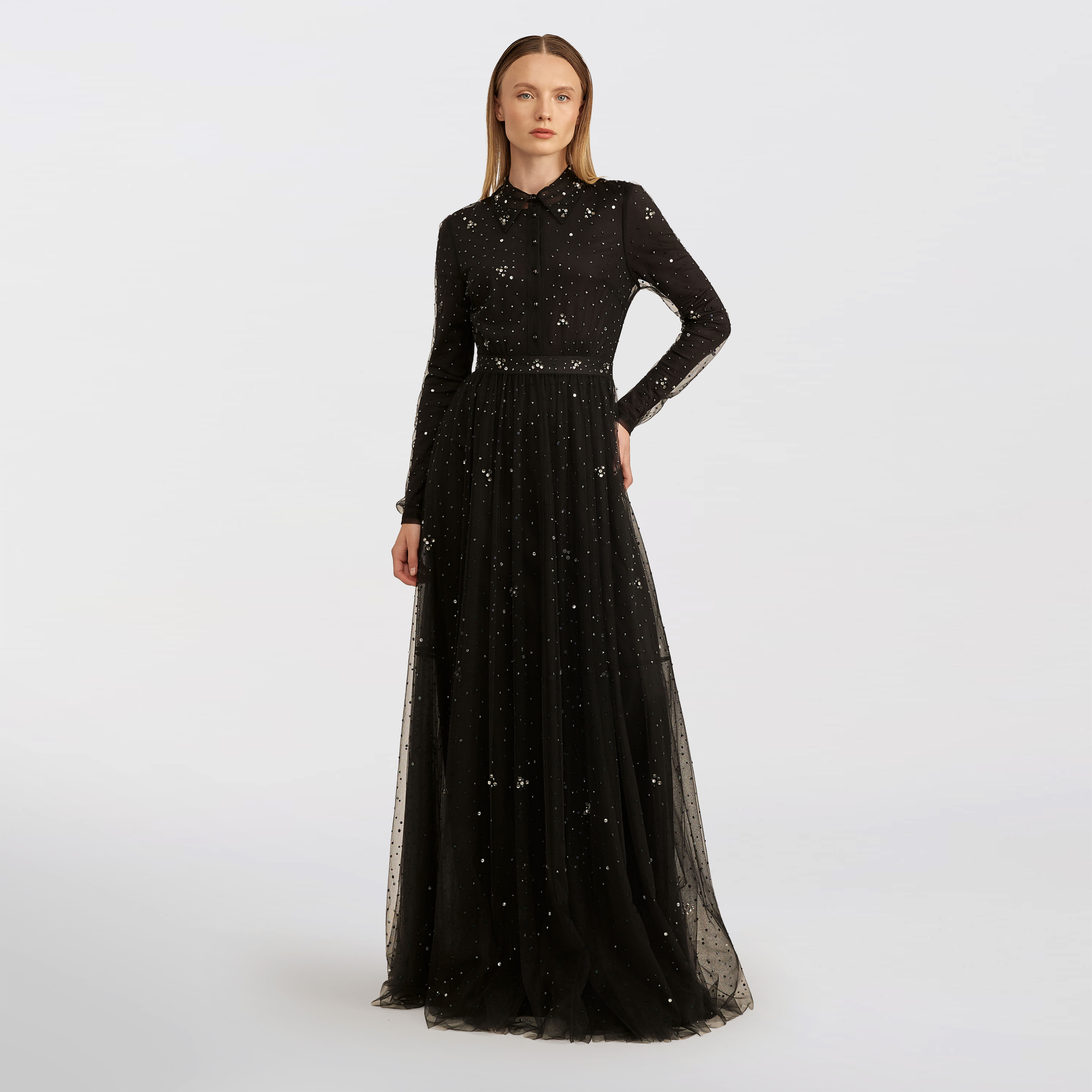 Buttoned tulle with stones dress Maxi, black