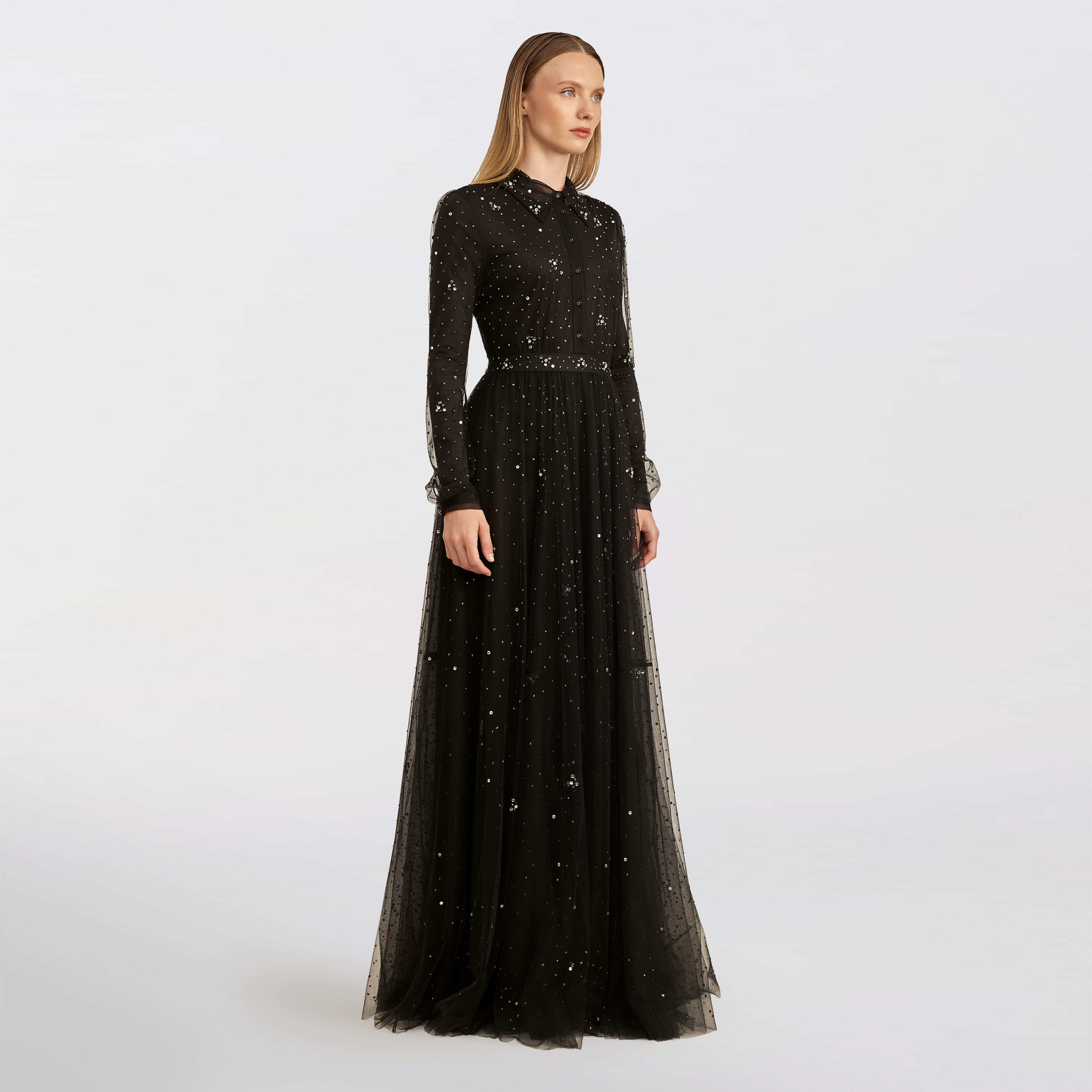 Buttoned tulle with stones dress Maxi, black