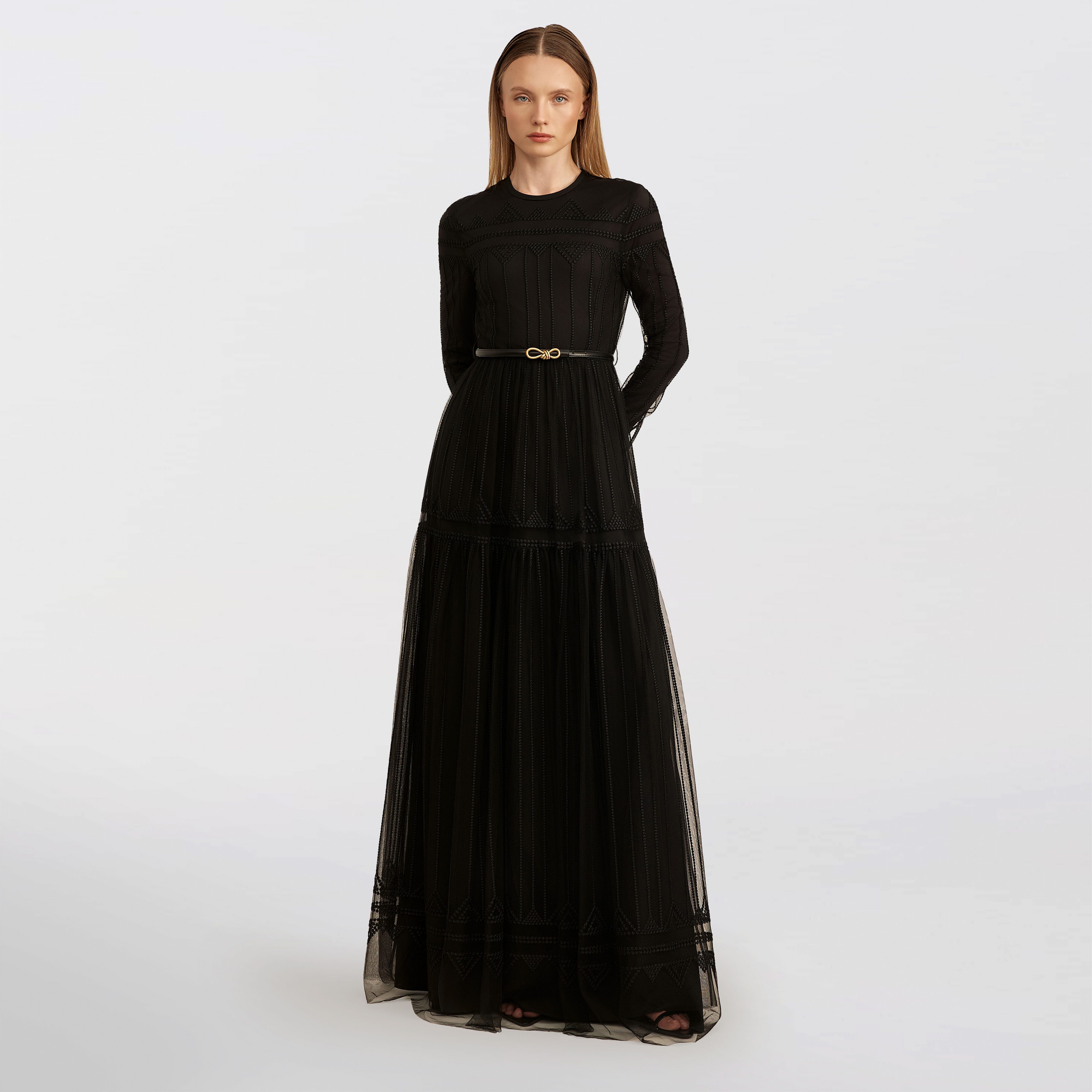Tulle Dot Embroidered Dress, Black