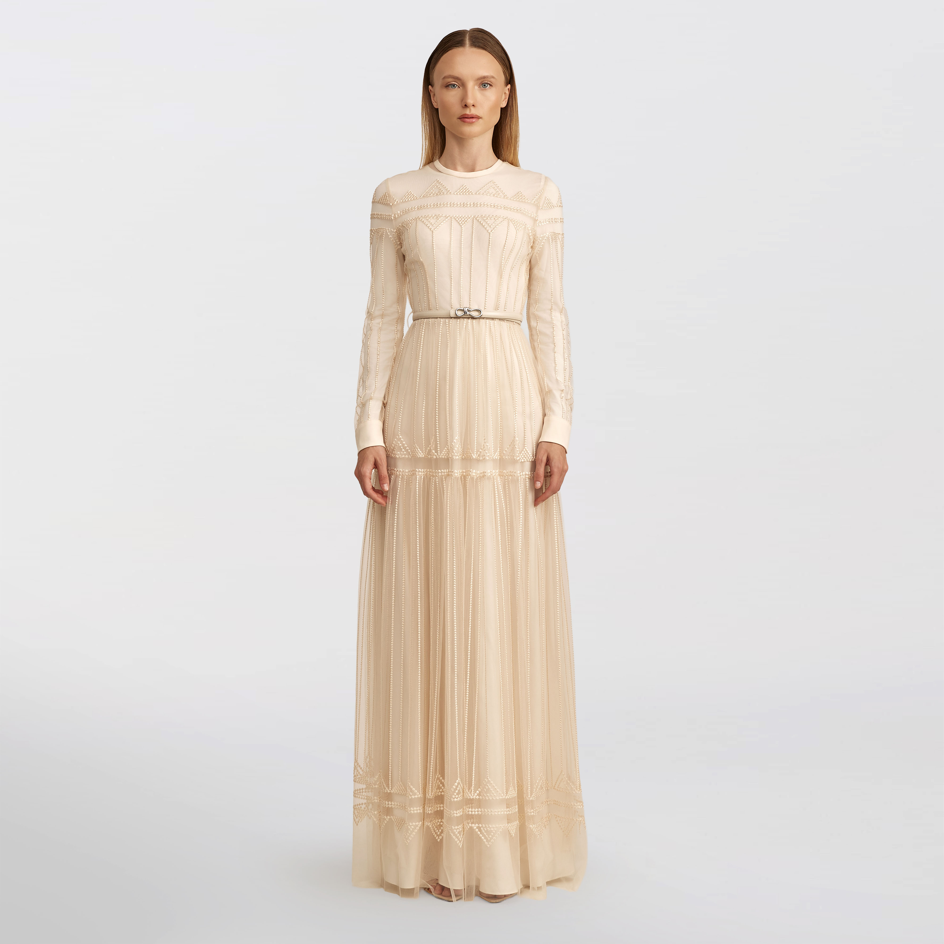 Tulle Dot Embroidered Dress, Beige