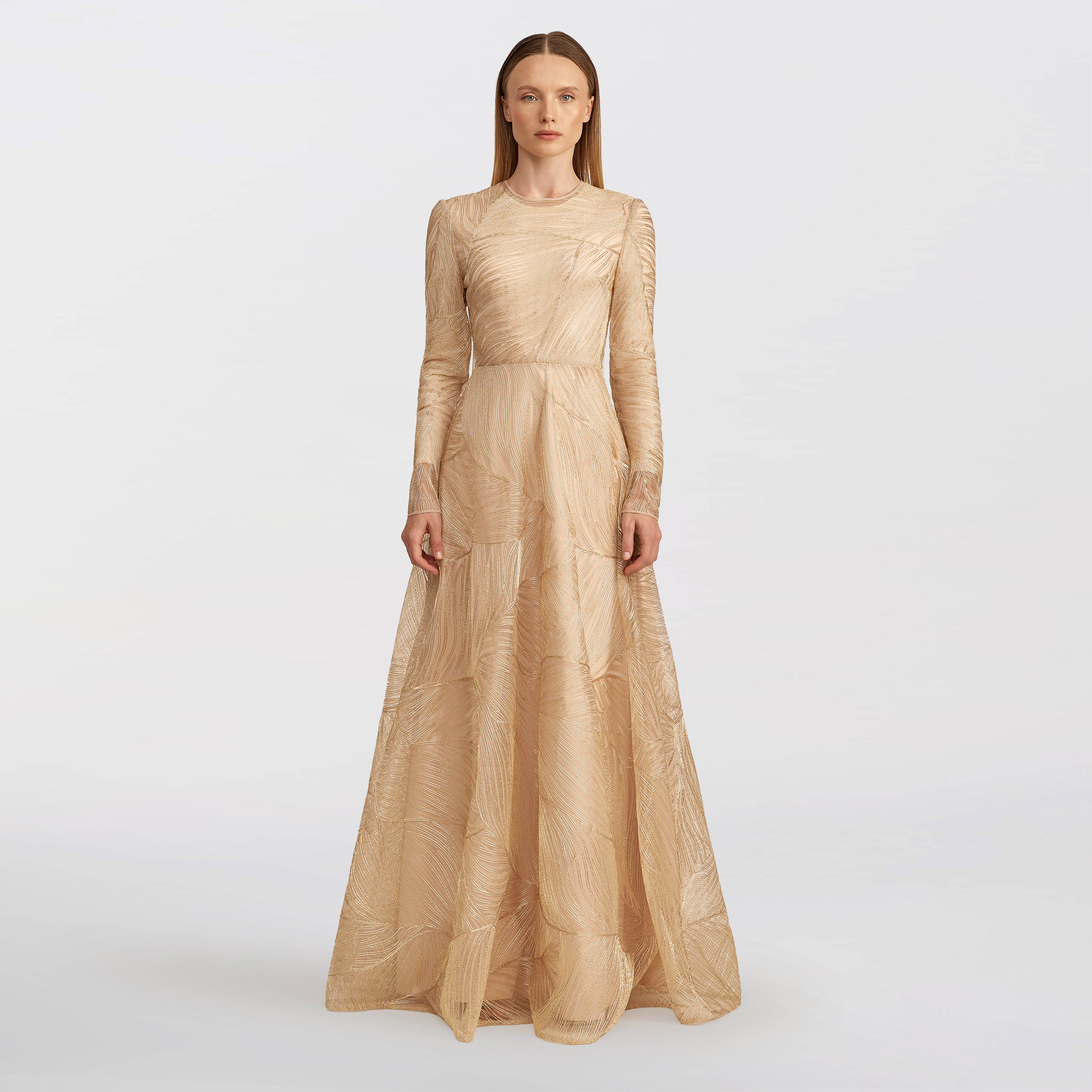 Tulle with metallic raffia embroidery Maxi dress, gold
