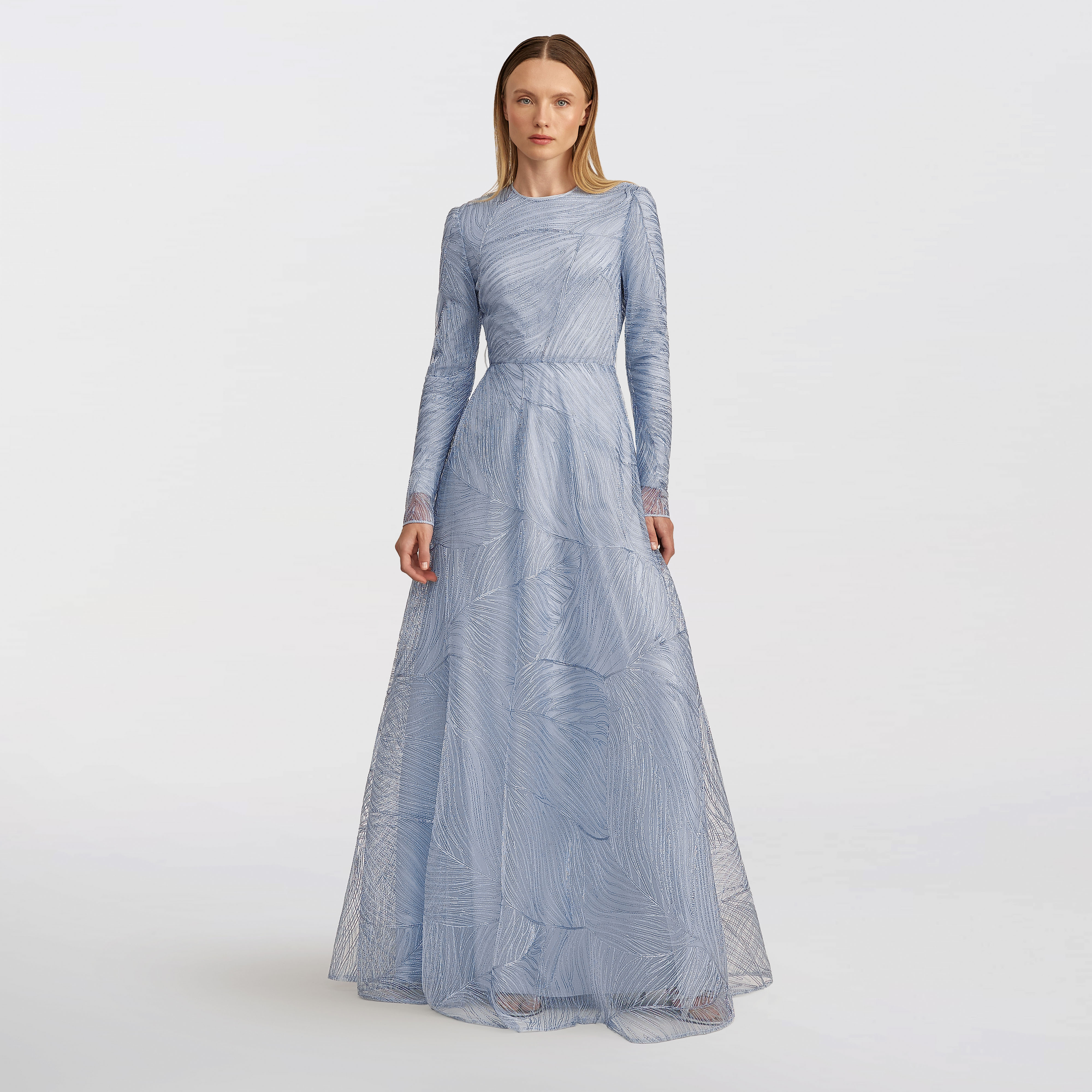 Tulle with metallic raffia embroidery Maxi dress, light blue