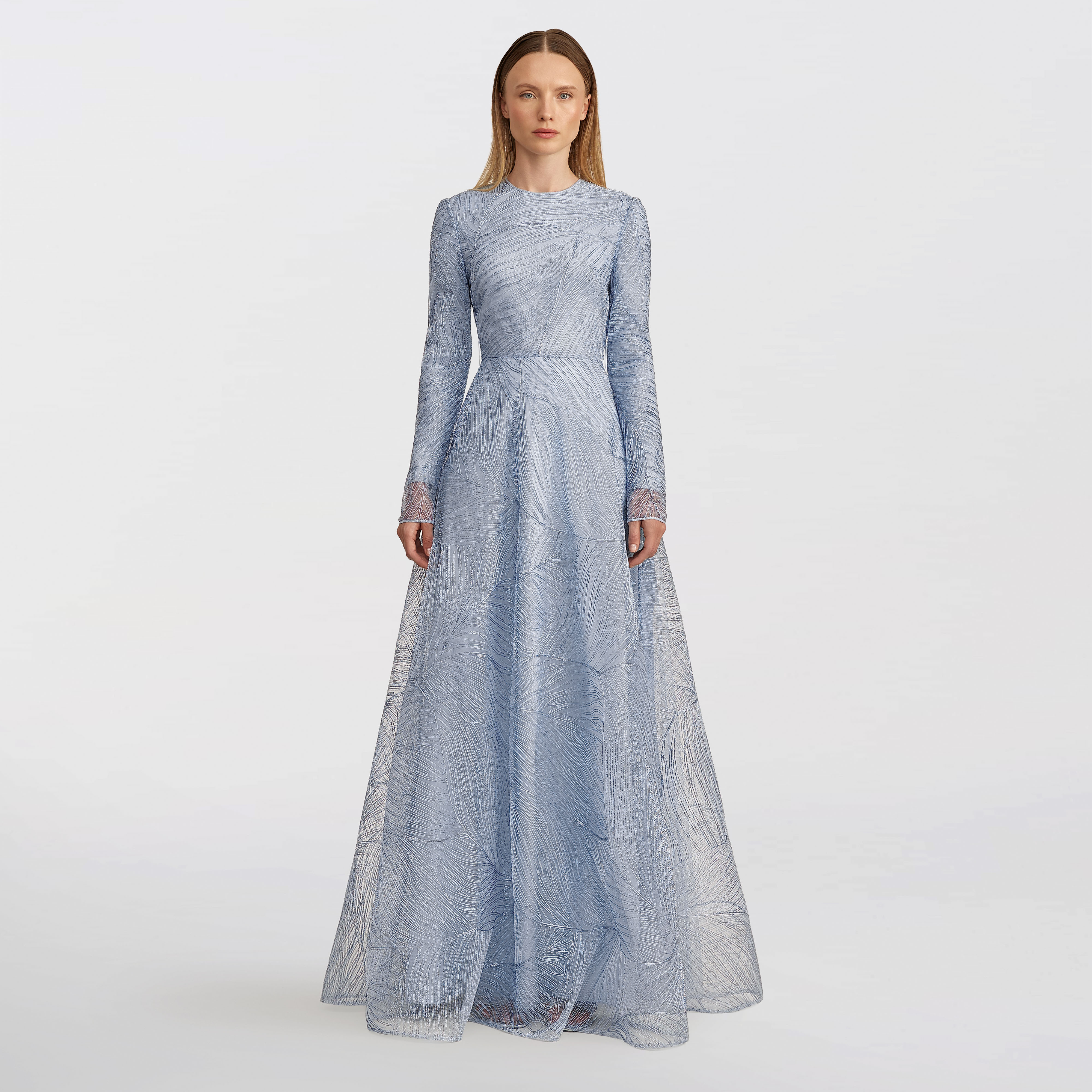 Tulle with metallic raffia embroidery Maxi dress, light blue