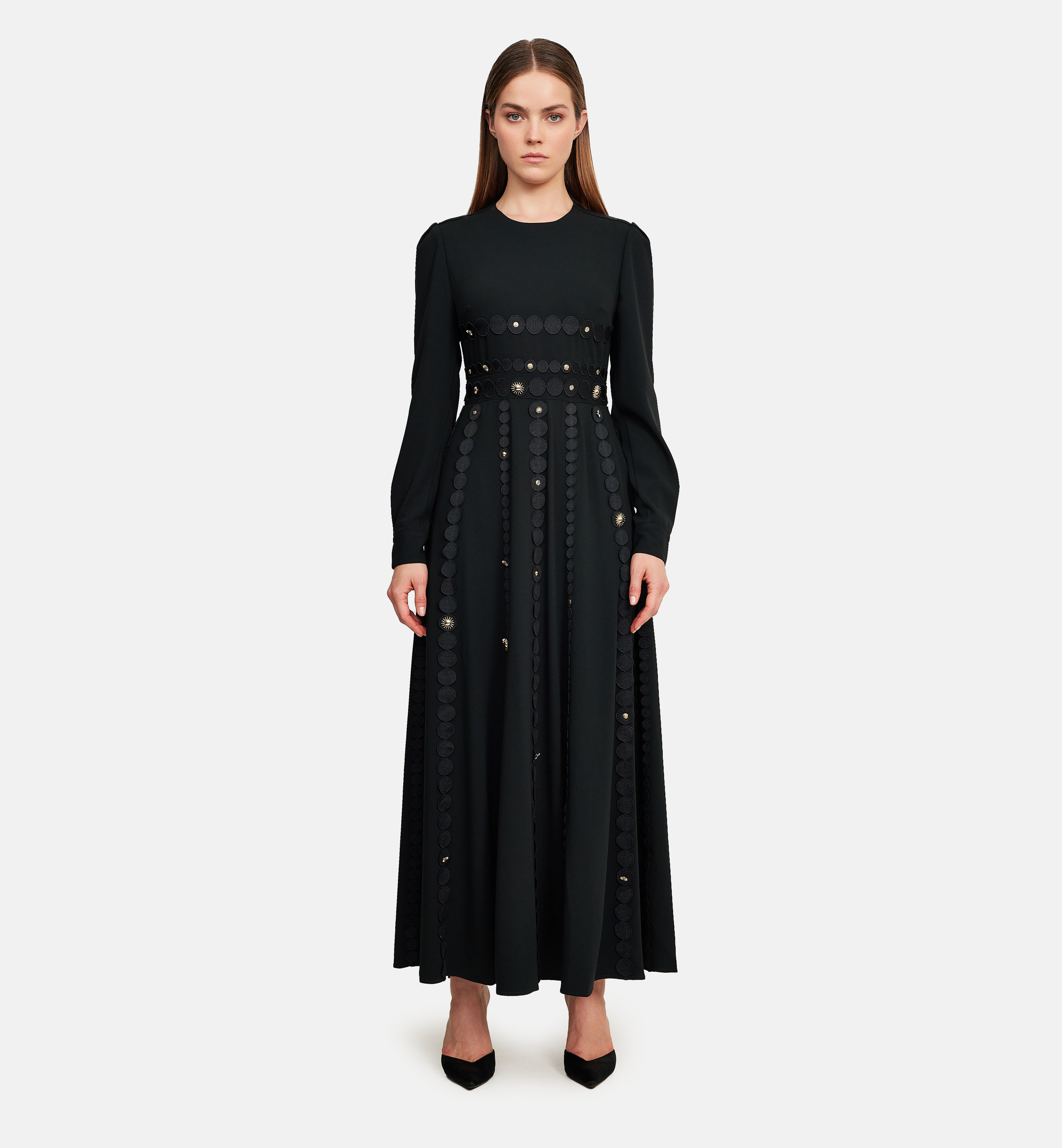 Circles lace ribbon with gold elements midi dress, black